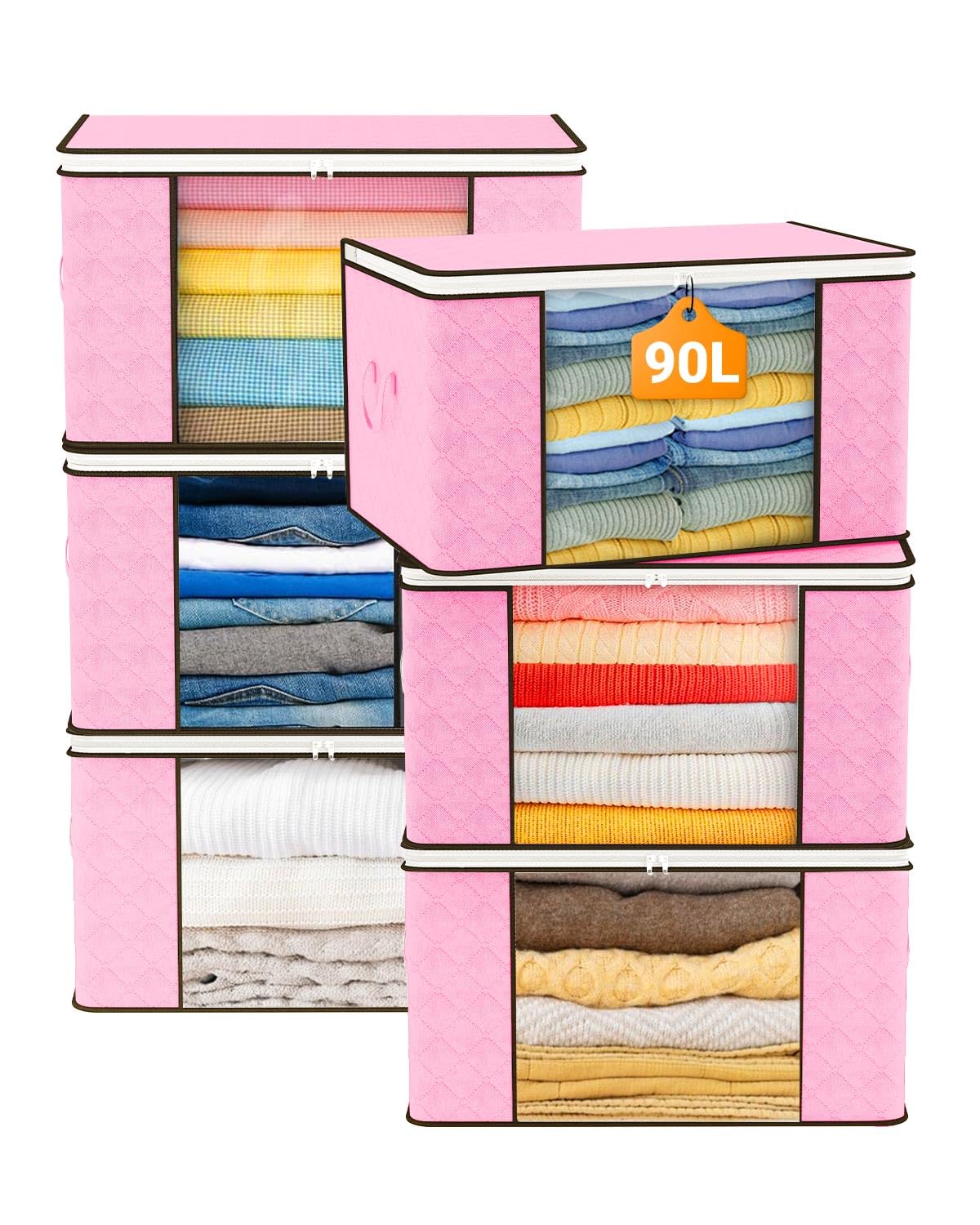KALAHOL 90L Large Capacity Clothes Storage Bags with Zips, Storage Boxes with Lids, Reinforced Handle, Foldable, Thick Fabric, for Comforters, Clothes, Blankets, Bedding, 6 Pack, Pink