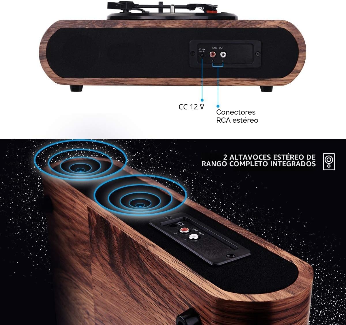 Tocadiscos de Vinilo, Tocadiscos con Altavoces Integrados y Bluetooth, Estilo Vintage, Tocadiscos de Vinilo de 3 Velocidades, Tocadiscos Portátil Retro, Toma de Auriculares RCA Am FM, Madera Nogal