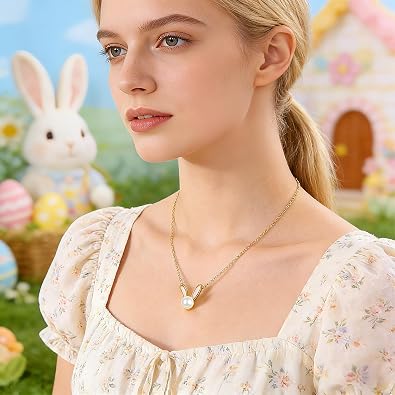 Easter Bunny Necklace for Women Rabbit Pearl Pendant 18K Gold Plated Adjustable Necklace Cute Easter Jewelry Gift for Easter Baskets