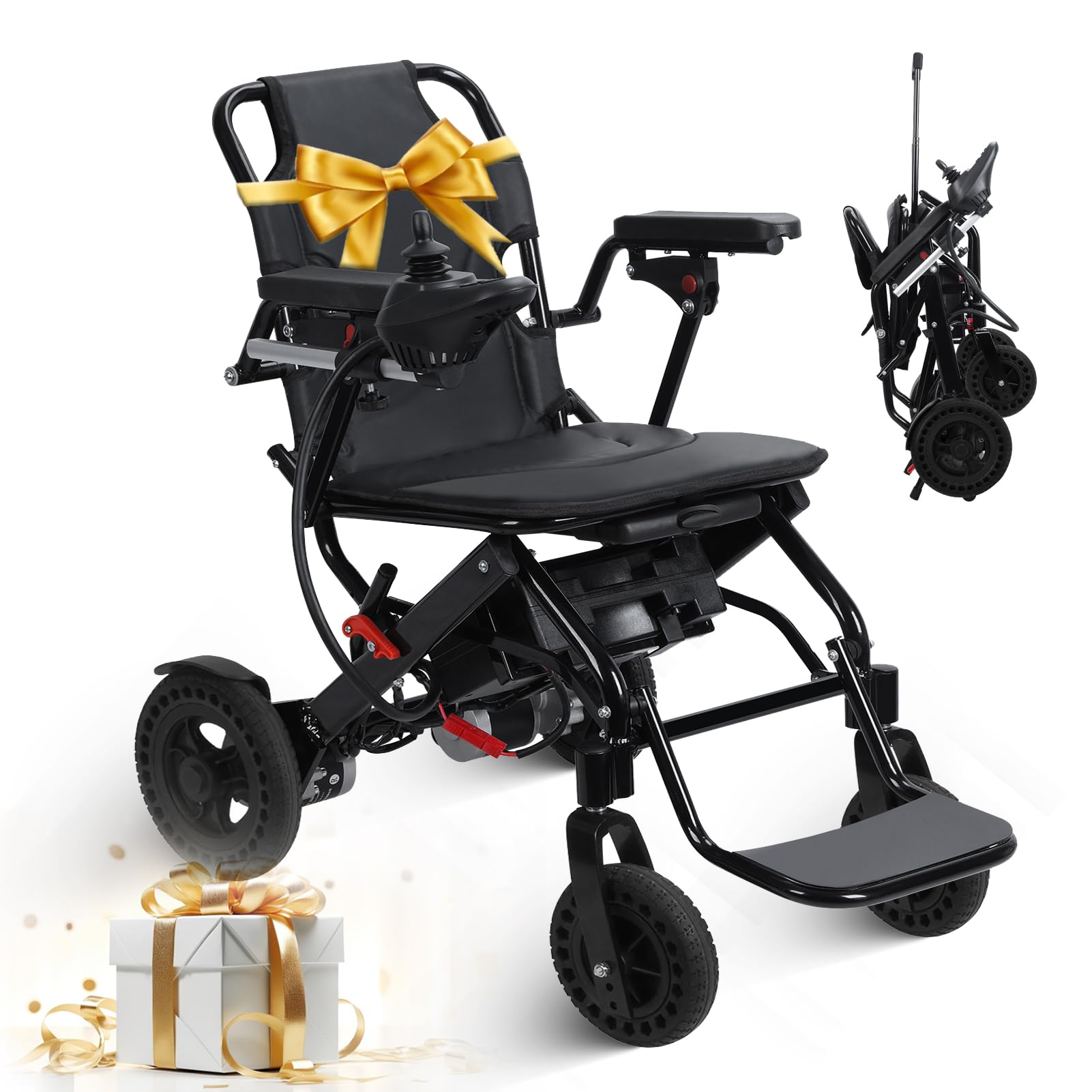 Elektrischer Rollstuhl für Erwachsene, 15 kg, leicht, tragbar, motorisiert, 500 W Dual-Motor, 10 Ah Lithium-Batterie, faltbarer Aluminium-Powerstuhl für Reisen und Flugzeug (Schwarz A)