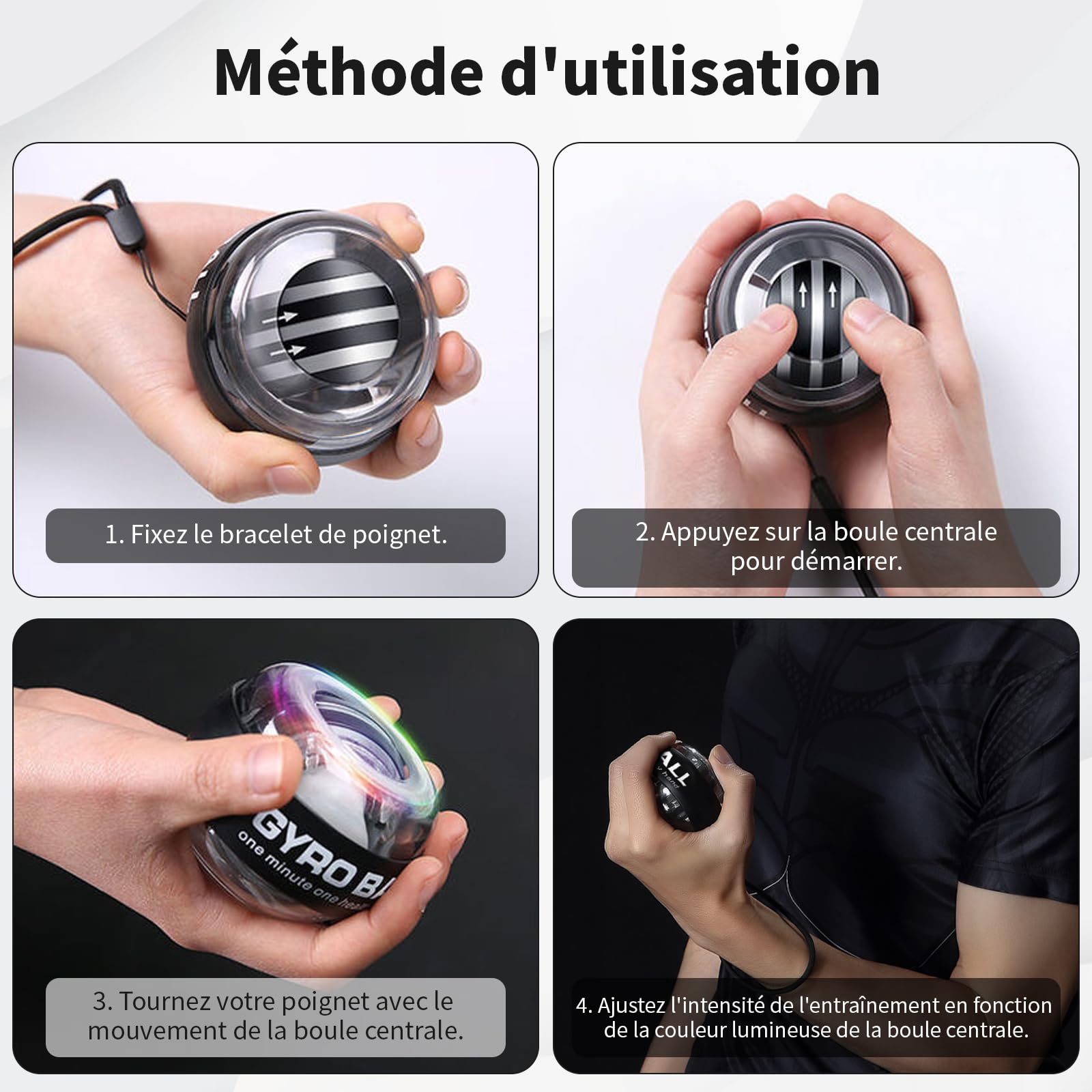 PiPiCat Gyroball Appareil d'exercice pour bras de fitness et balles de poignet anti-stress Cœur en métal Éclairage automatique et silencieux 6 vitesses et couleurs vives + sac à balles