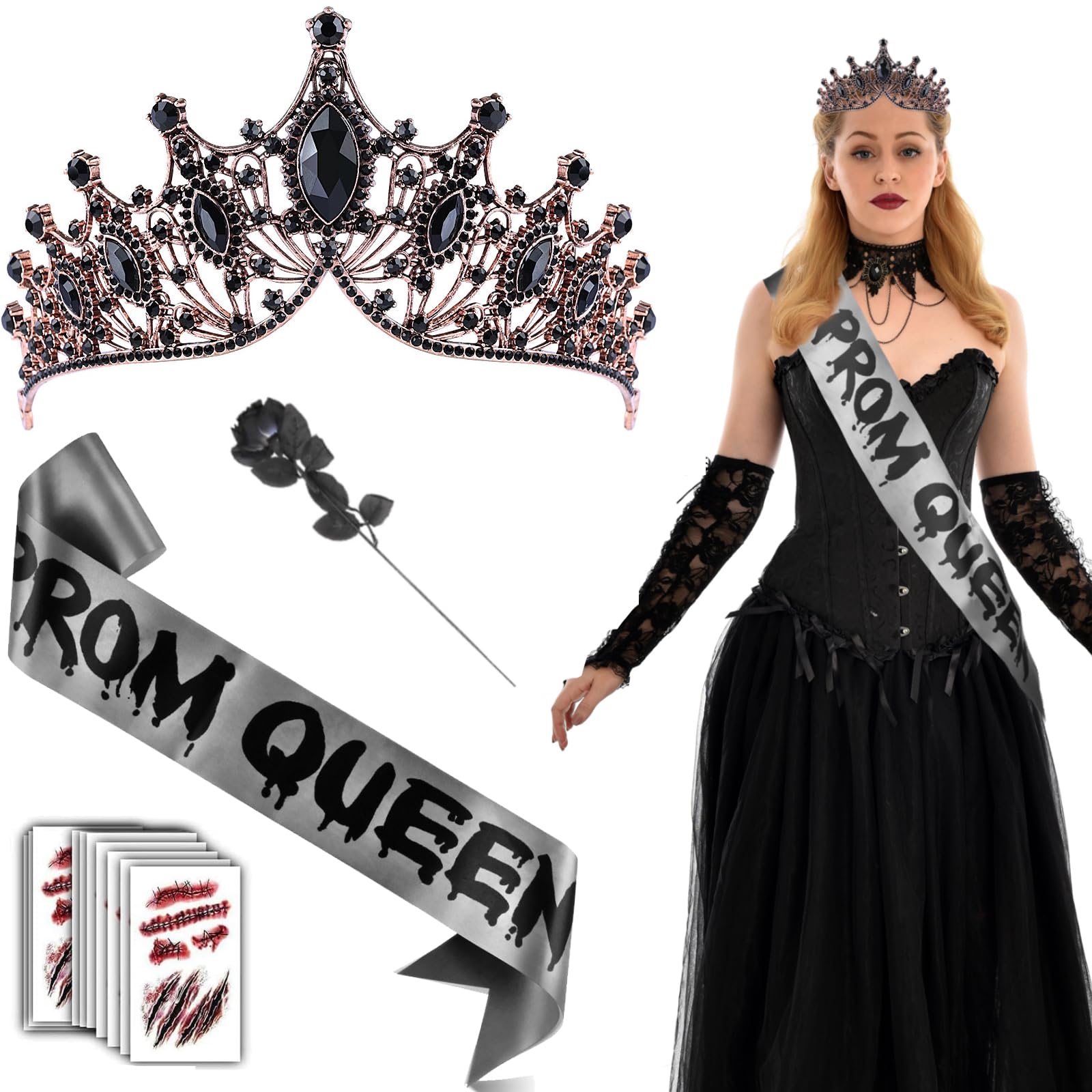 Halloween Prom Queen Costume Accessories Set - Includes Tiara, Satin Sash, Tattoo Stickers & Black Rose for Women's Dress Up
