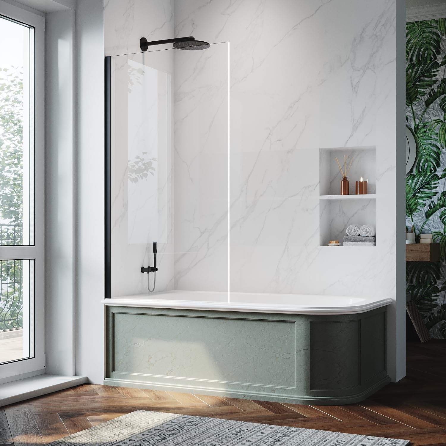 ZANOFIRA 800 x 1400mm Black Fixed Bath Screen 6mm Toughened Safety Clear Glass Shower Screen Fixed Over Bath Panel Reversible Bath Screen