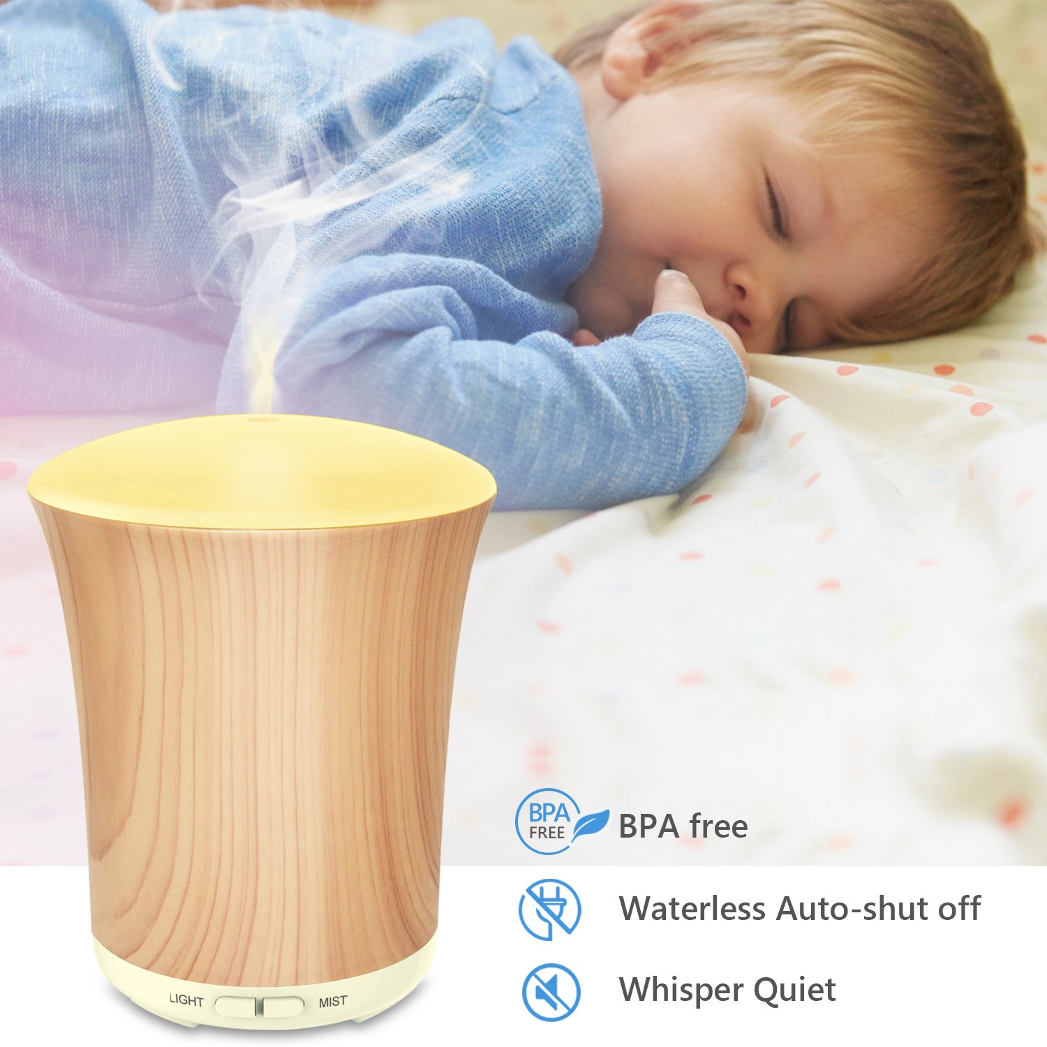 ZOOKKI Aromatherapy Essential Oil Diffuser, 200ml Wood Grain Ultrasonic Aroma Diffusers Mini Cool Mist Humidifier with 8 Colors LED Lights & Waterless Auto Shut-Off for Home Office Bedrooms-2 Pack