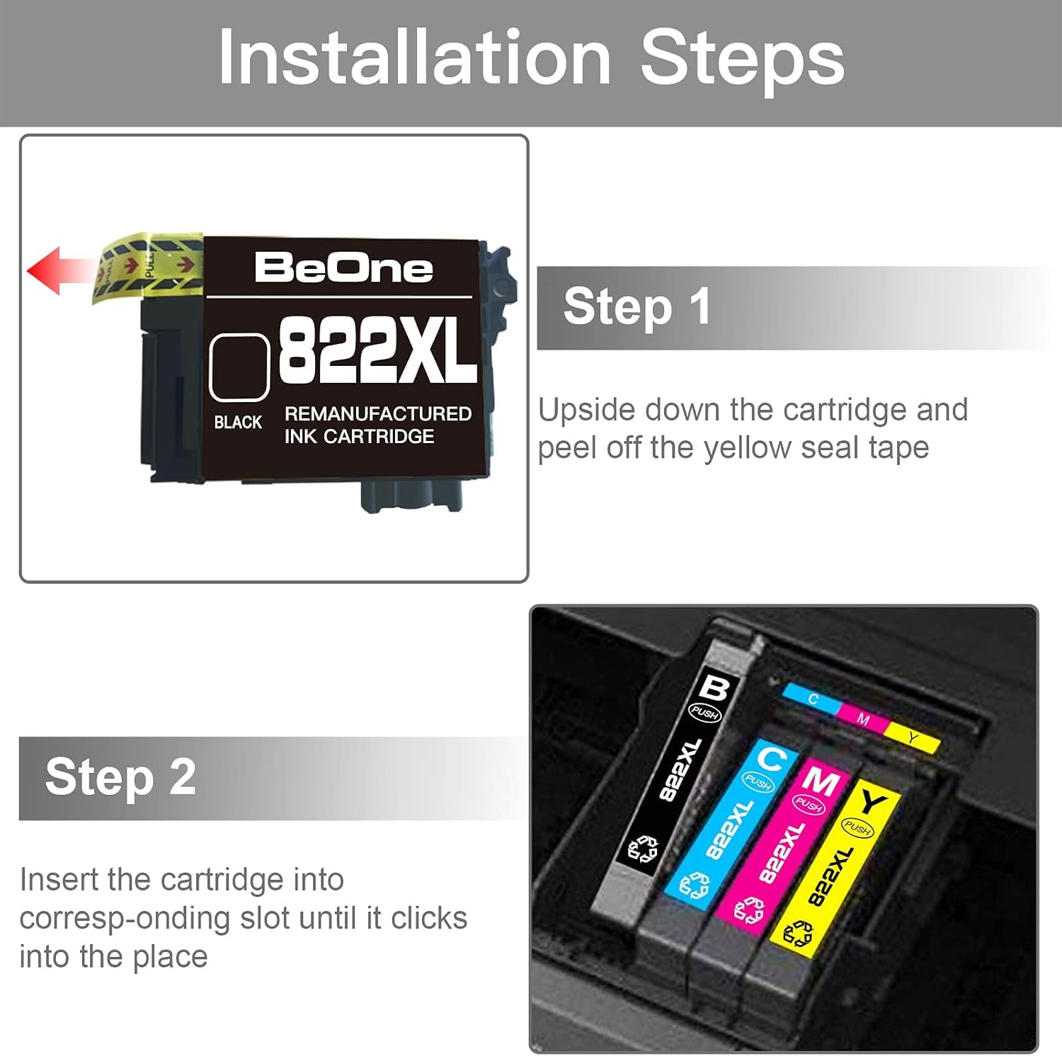 BeOne 822XL Black Remanufactured Ink Cartridges Replacement for Epson 822XL T822XL 822 T822 Compatible with Epson Workforce Pro WF-3820 WF-4820 WF-4830 WF-4833 WF-4834 Printer (2 Black)