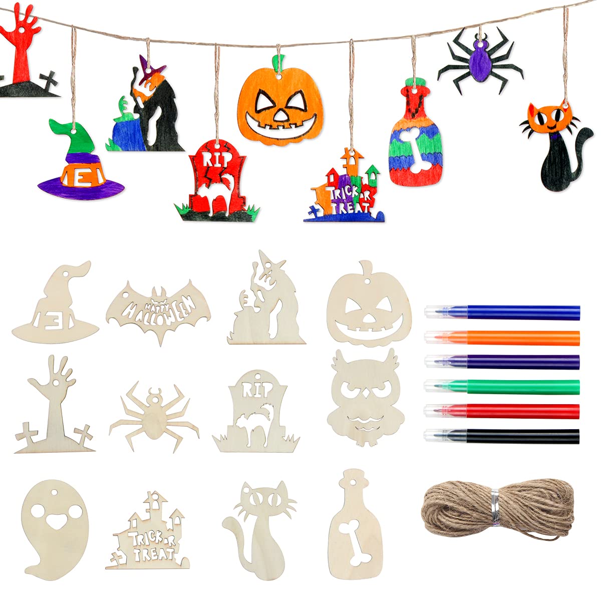 Veylin Multicolor Halloween Wooden Ornaments 24Pcs – Unfinished Wood Cutouts Kit, Diy Wooden Slices Hanging Crafts For Kids Halloween Party Decoration Supplies