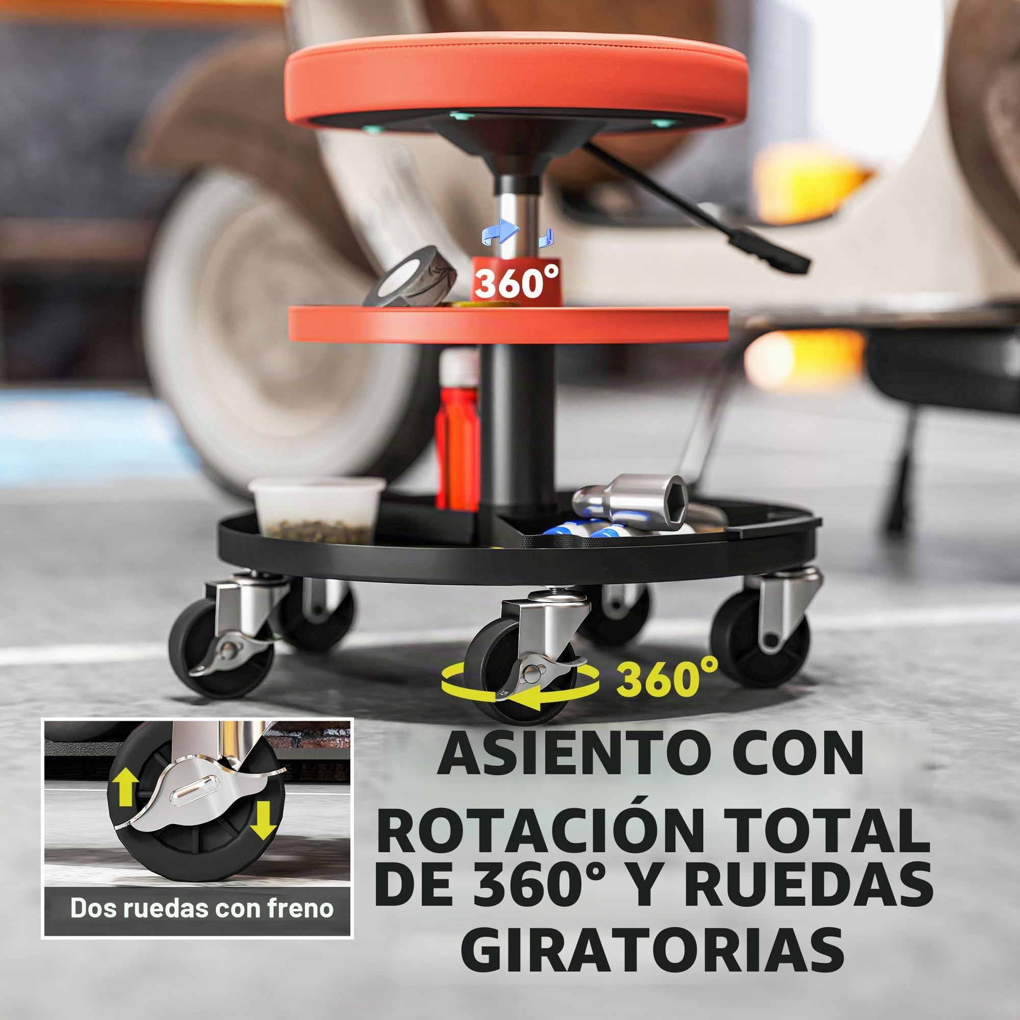 HOMCOM Taburete de taller con ruedas, taburete de mecánico con altura regulable 40-51 cm, 2 estantes para herramientas, asiento giratorio, carga máx. 135 kg, amarillo