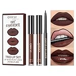 QiBest 3-in-1 Dark Red Lipstick Set for Women & Teen Girls, Matte Liquid Lipstick + Lip Gloss + Gel Lip Liner Pencil Trio Lip Gift Kit for 24 Hours Long Lasting & Waterproof Lip Makeup (Hot Chocolate)
