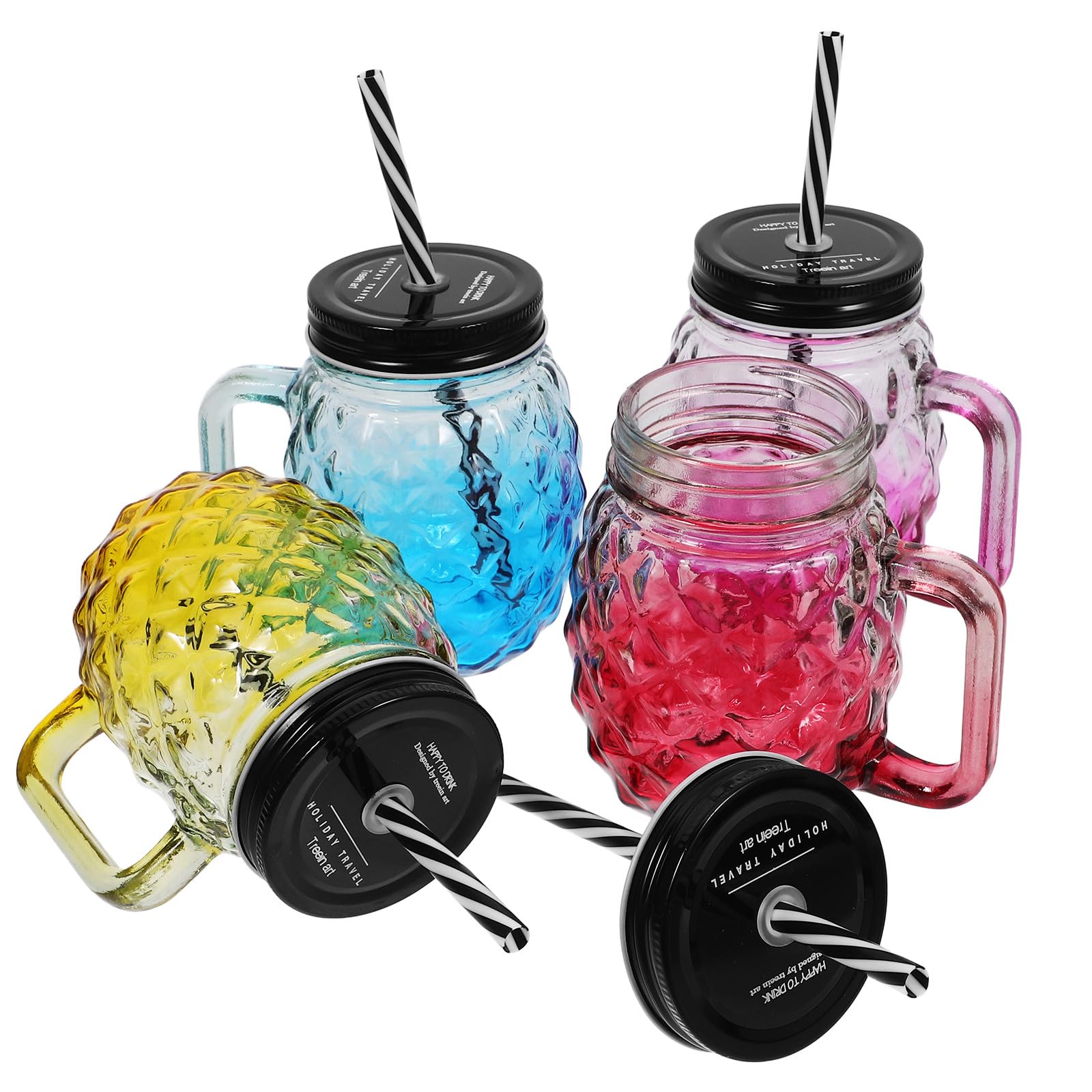 ABOOFAN Set 4 Bicchieri in Vetro Gradiente Coperchio di Perdite e Cannuccia, per Bere Succo e Tè a Lavoro o Scuola