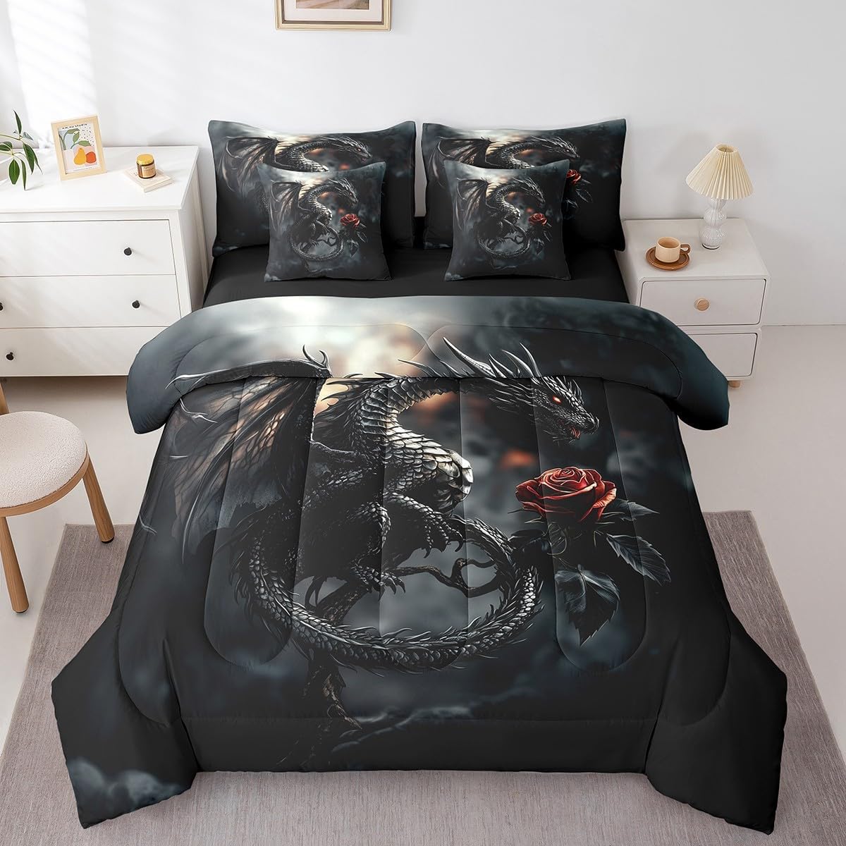 3D Black Dragon Bedding Sets Full Size,Red Rose Flower 7Pcs Comforter Set for Kids Teens Adult Room Decor,Western Fairy Tales Animals Bed Sheets Trippy Hippie Style 2 Throw Pillow,2 Pillowcases