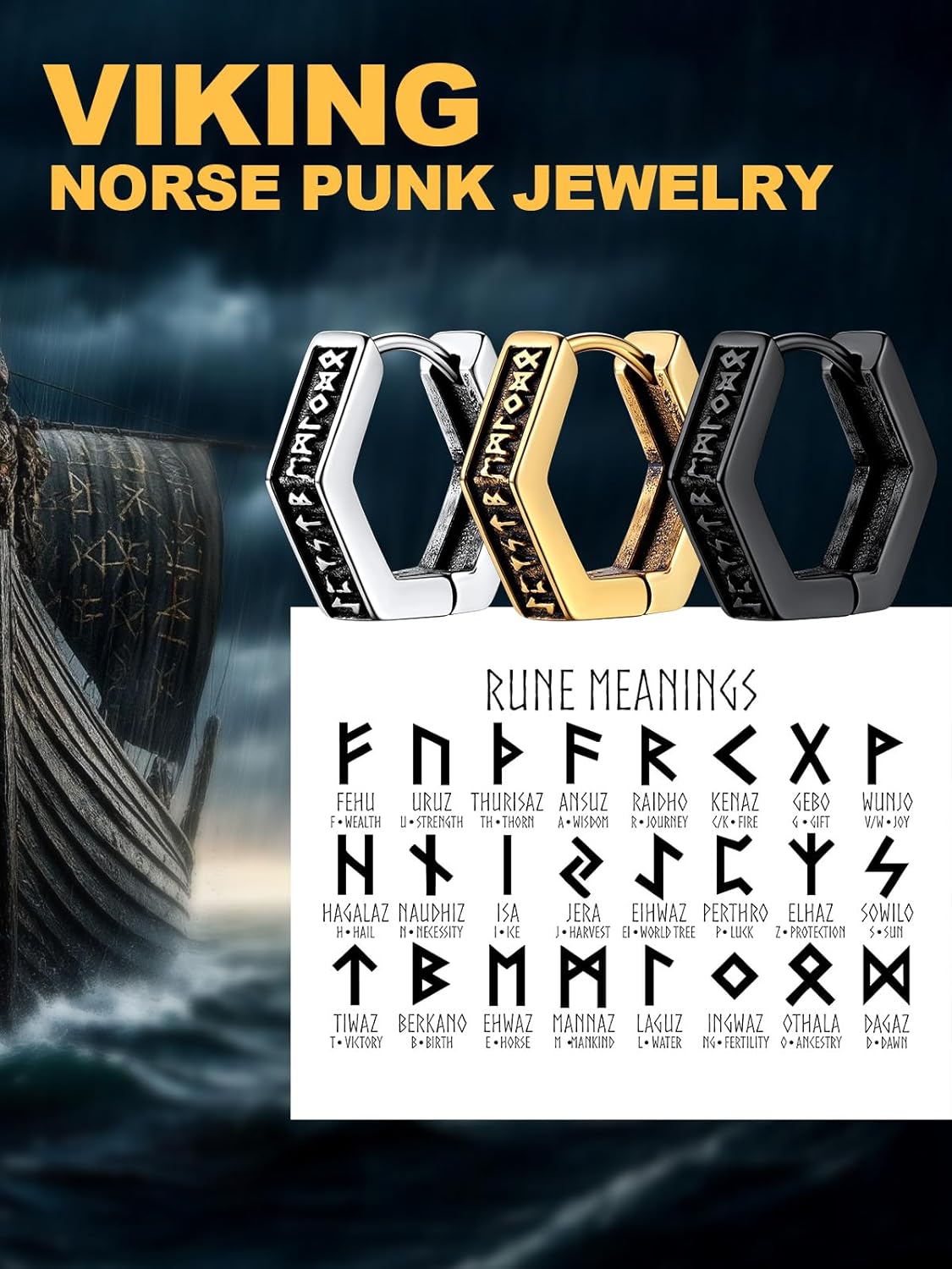 U7 Viking Hoop Earring for Men Stainless Steel/Black/Gold Huggie Hoops Earrings, Norse Viking Runes Hoop/Hexagon/Triangle Punk Jewelry Hypoallergenic Gift for Men Women - Image 7