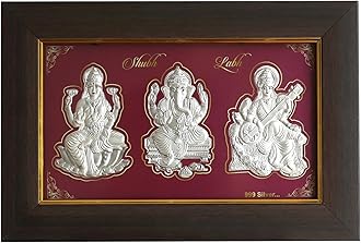 SHIJPIK 999 Pure Silver 9.5x6.5 inch Ganeshji Laxmiji Saraswatiji Frame for Decor, God Frame in Silver, Perfect for Gifting or Storing in the Pooja Room, Office, or Home
