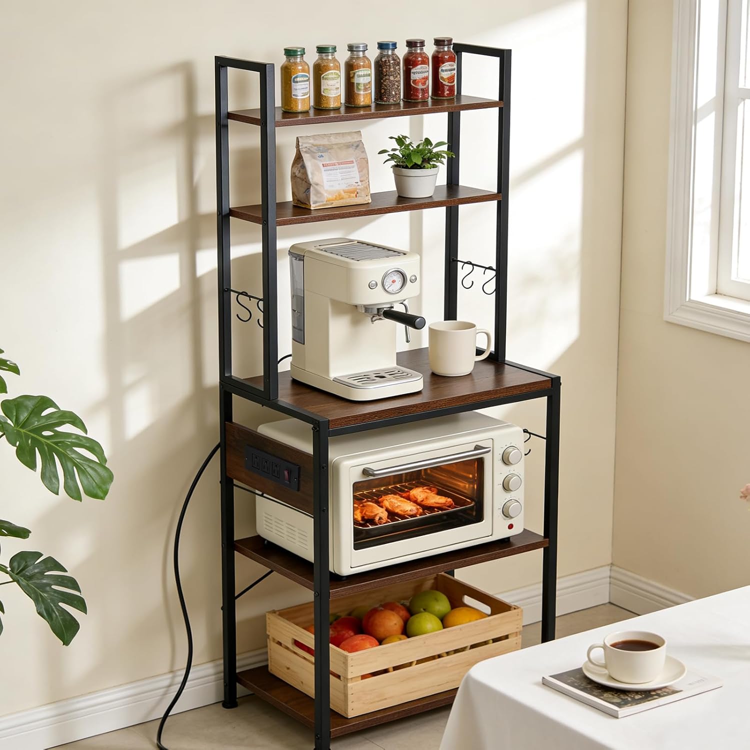 Luckyeestar 5 Tier Kitchen Bakers Rack with Power Outlet，25.2 Inch Metal Storage Shelf for Microwave, Coffee Bar, Spice Organizer, Freestanding Kitchen Cart with Hooks