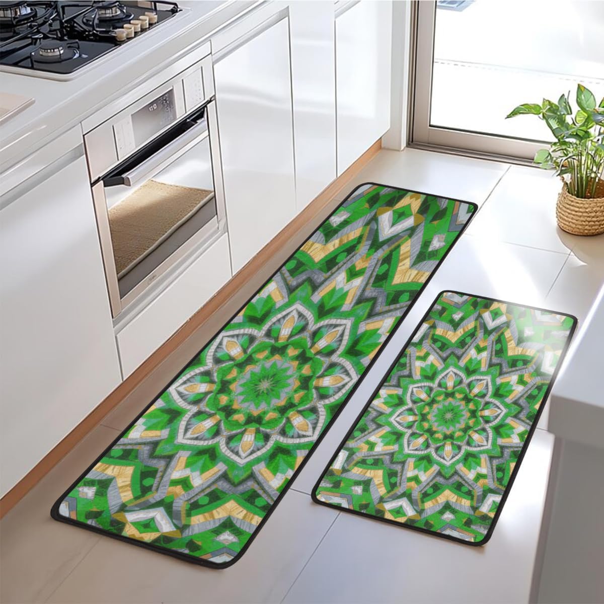 Anti Fatigue Green Mandala Boho Kitchen Mats for Floor 2 Piece Set, Waterproof Non Slip Boho Kitchen Floor Rugs, Comfort Standing Mat for Sink Laundry & Home Kitchen 17"x47"+17"x29"