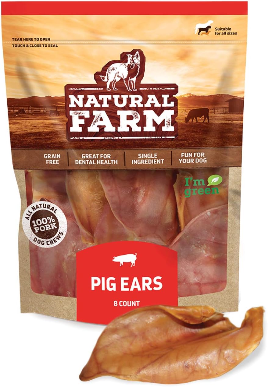 Natural Farm Pig Ears for Dogs - All Natural Whole Dog Treats Pigs Ears - Single Ingredients & Highly Digestible Thick Ears - Dog Snacks for Puppy and Large/Medium Dogs (8 Units, 1 Pack)