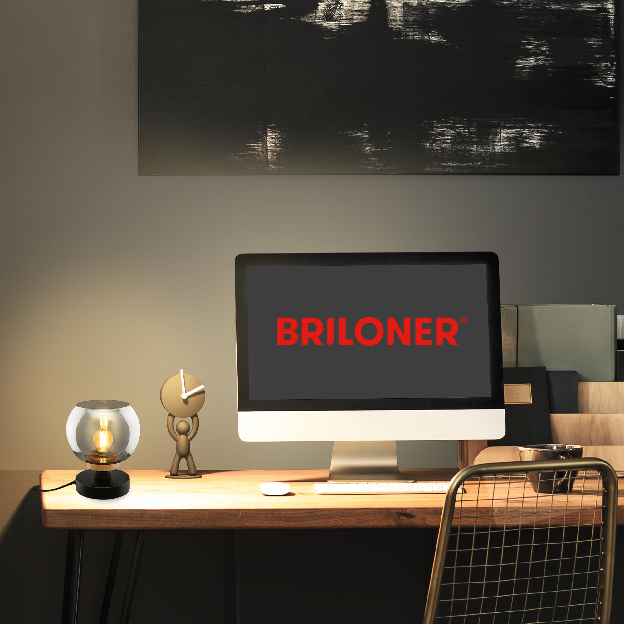 BRILONER - Lampada da comodino, vetro fumé, lampada da scrivania con interruttore a cavo, lampada da tavolo E14 per home office, lampada da lettura, legno nero
