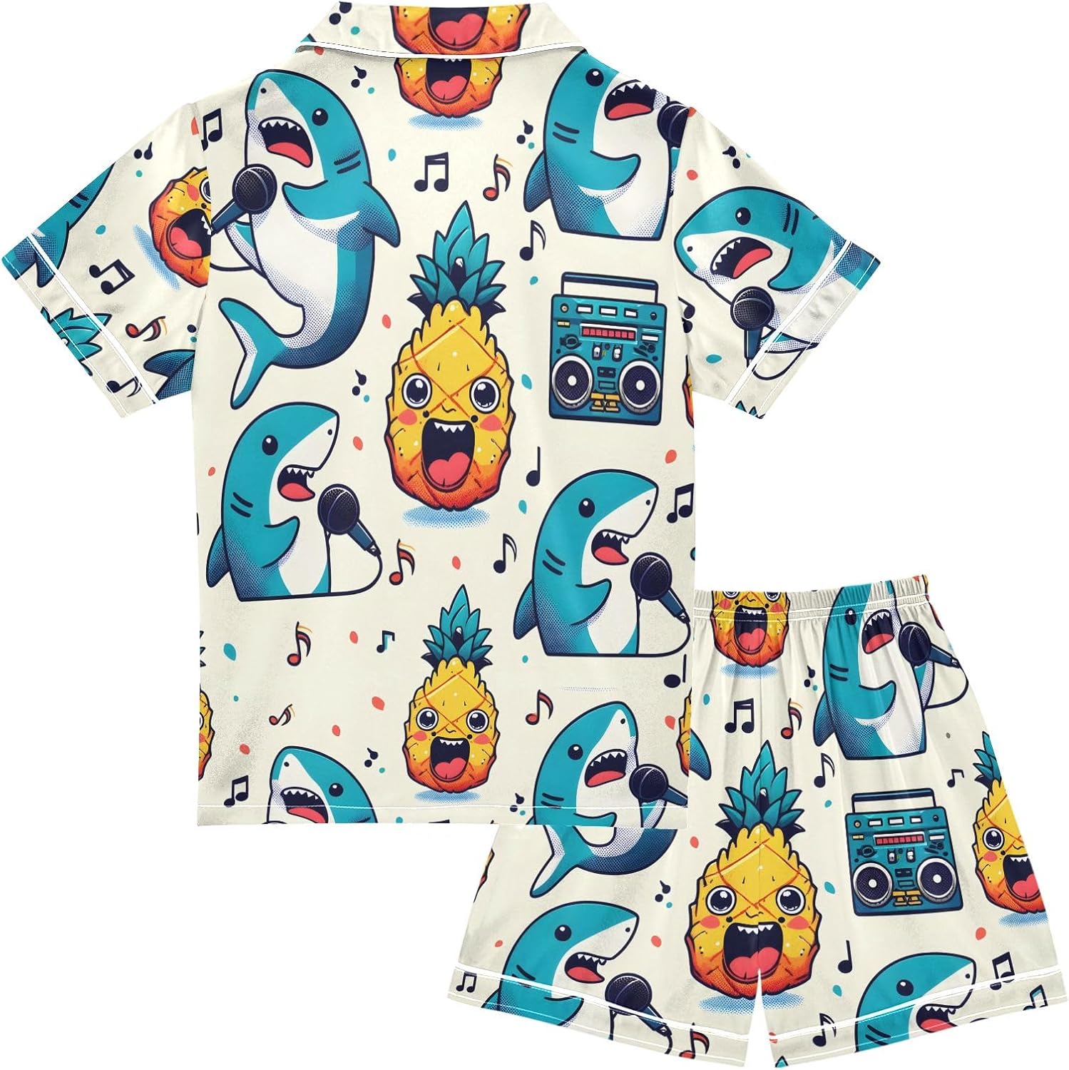 Kids Casual Satin Wear Set Shark Singing Pineapple Sound System Unisex Short Sleeve Clothing for Relaxing