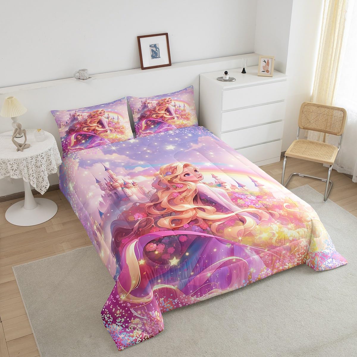 Manfei Princess Comforter Set for Boys Girls,Fairy Tale Dreamy Castle All Season Cozy Bedding Set Full Size,Watercolor Flowers Rainbow Starry Fantasy Girly Duvet Set Bedroom Decor in use