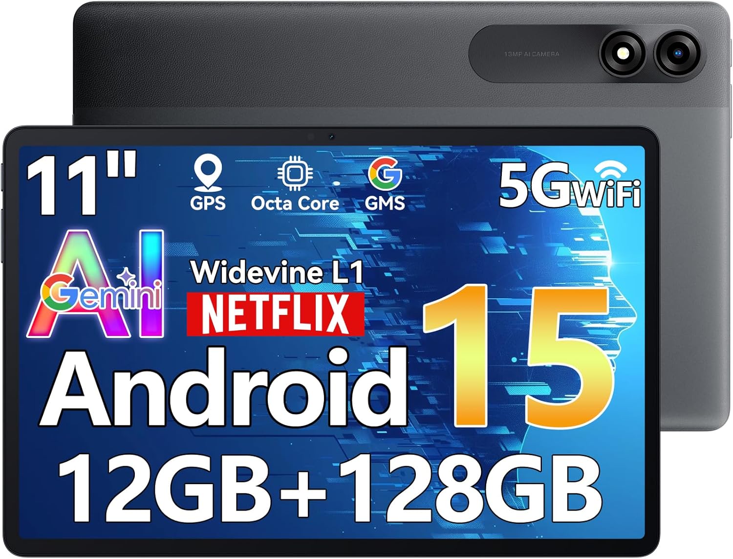 Blackview Android 15 Tablet 11 inch, Tab 90WiFi with Gemini Ai 2.0, 12GB+128GB/2TB TF, Octa-core CPU, Widevine L1, 5G WiFi Tablets, 8200mAh/Fast Charge, 120HZ/13MP+8MP Ai Camera/Face ID, Gray