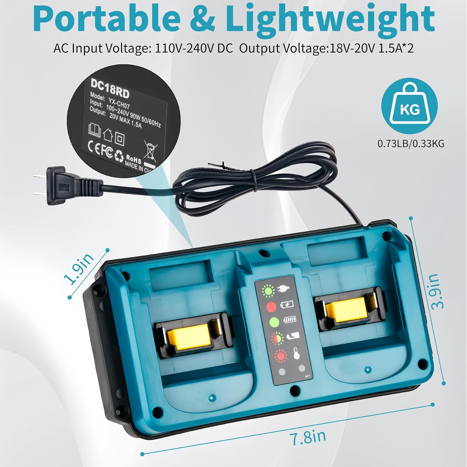 18V Battery Charger Compatible with Makita 14.4V-18V LXT Batteries for BL1820 BL1830 BL1850 BL1430B BL1450B BL1440B, Dual Ports Battery Charger Replacement for Makita, Blue