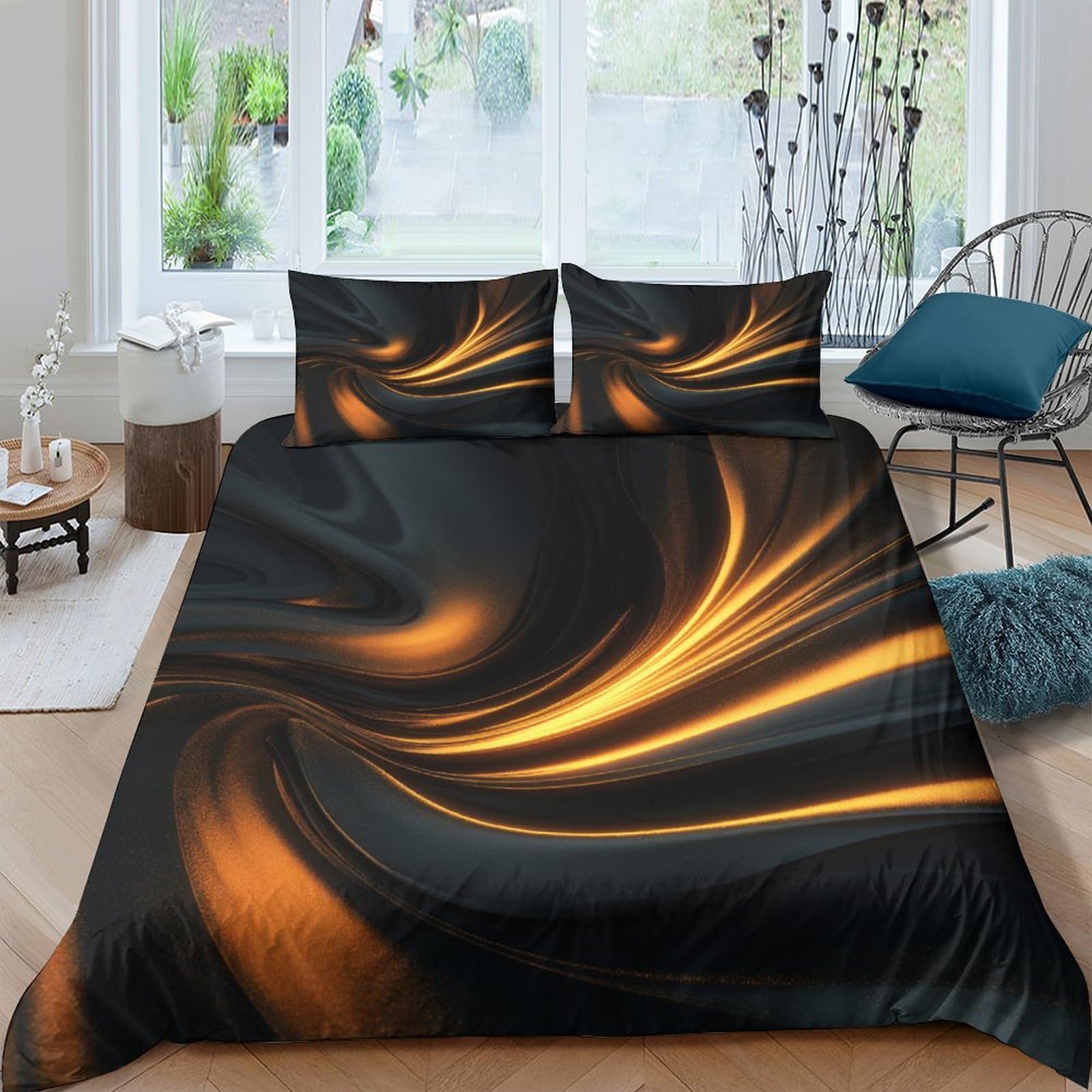 Ctjqhvkz Style-8 3D Printed Golden Swirl Fitted Sheet Microfiber Soft Black Abstract Mattress Cover For Bedroom Guest Room Decor Single（135X200cm）
