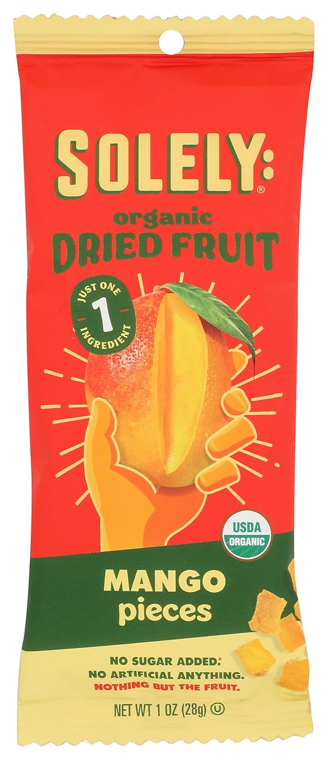 SOLELY Organic Dried Mango Pieces, 1 oz, 10 Pouches – Real Fresh Fruit, Portable On-the-Go Snack, Vegan, Non-GMO, No Sugar Added, Not From Concentrate, Shelf-Stable, Healthy Snack for Kids & Adults