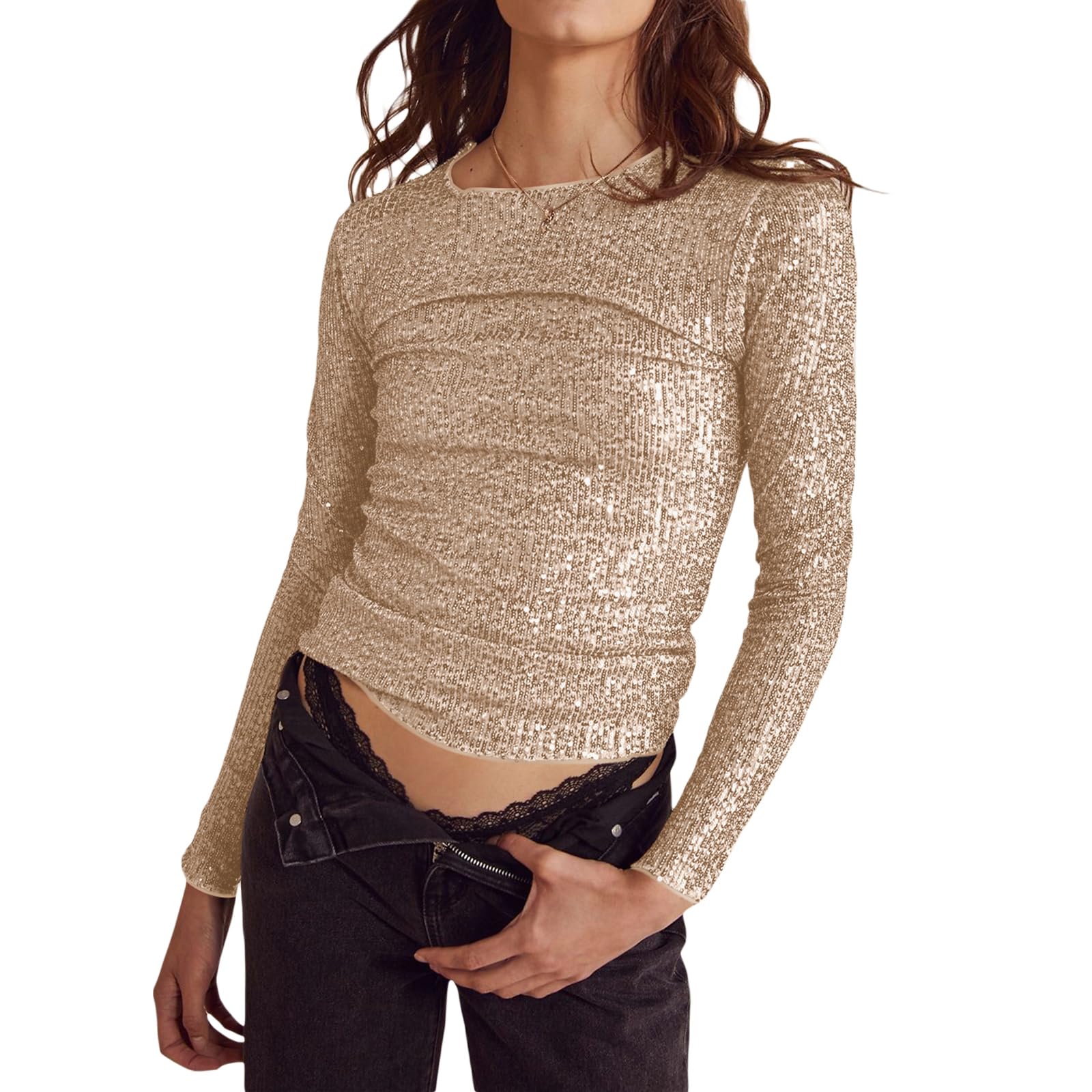 FeMereinaWomen Long Sleeve Sequin Tops Party Shimmer Embellished Crew Neck Sparkle Glitter Slim Fit Crop Top Blouse