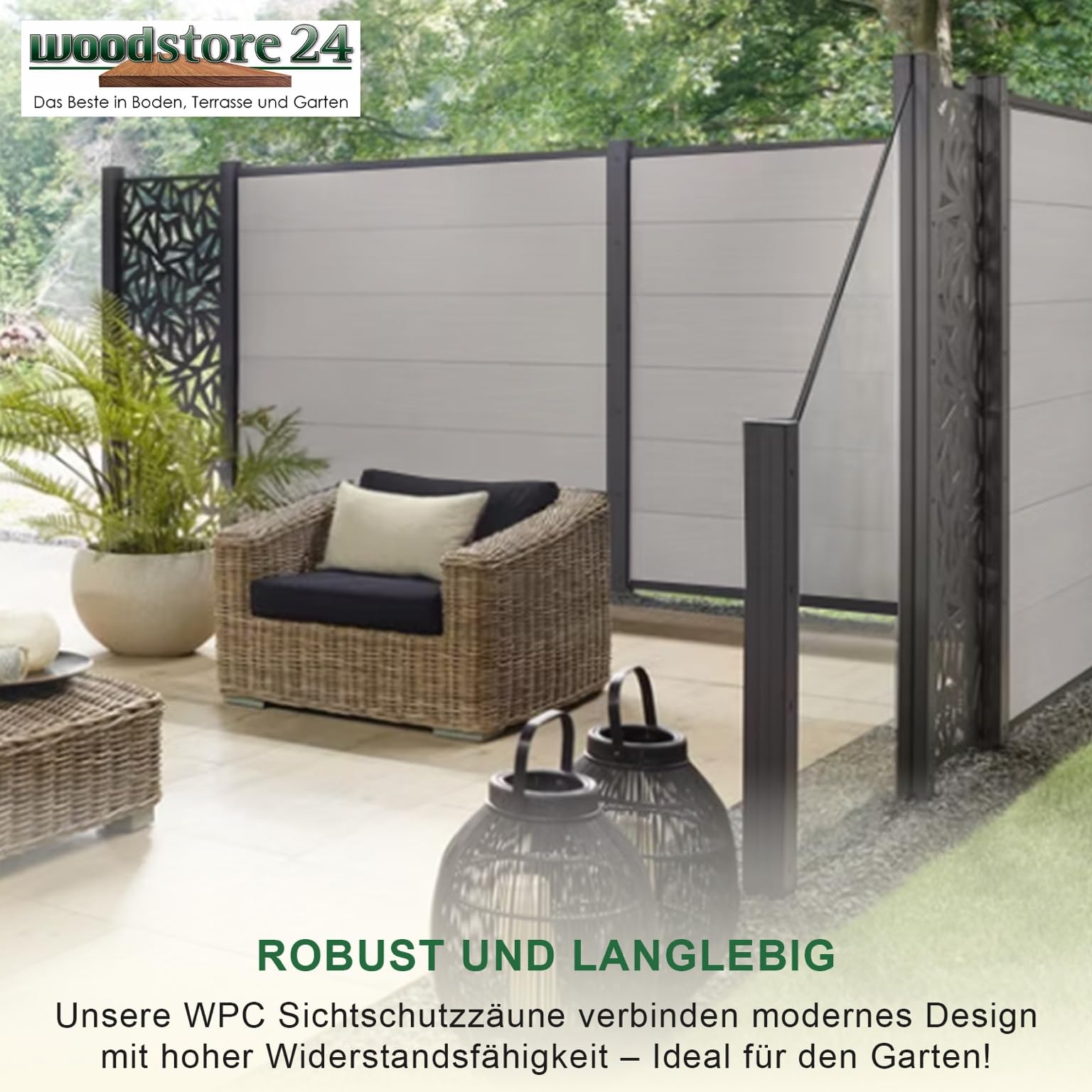 WoodoZaun - WPC Sichtschutzzaun - Grau - 185 cm x 180 cm - Gartenzaun Komplettset - inkl. Pfosten Anthrazit - 1x Zaun & 2x Pfosten
