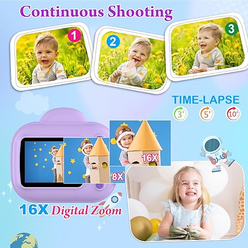 Miniatura 5 de Cámara digital para niños, impresión instantánea, cámara instantánea portátil para niñas, de 3 a 10 años (morado)