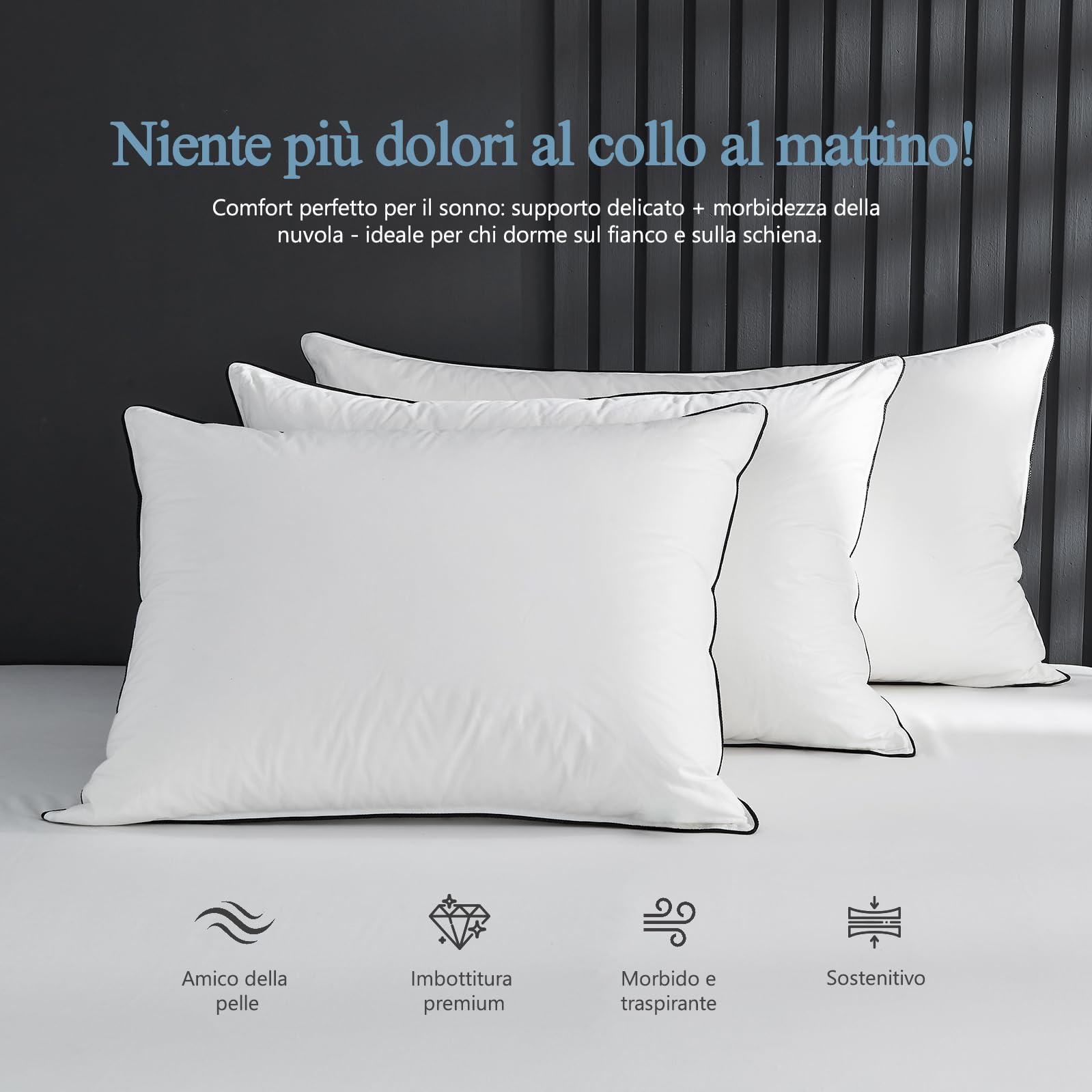 Cuscino in Piuma D'oca 50x75 set di 2, Imbottitura in Piume e Piumino di Alta Qualità, Tessuto 100% Cotone Biologico, Cuscini Ergonomici a 3 Camere per Hotel, Guanciale Letto Matrimoniale