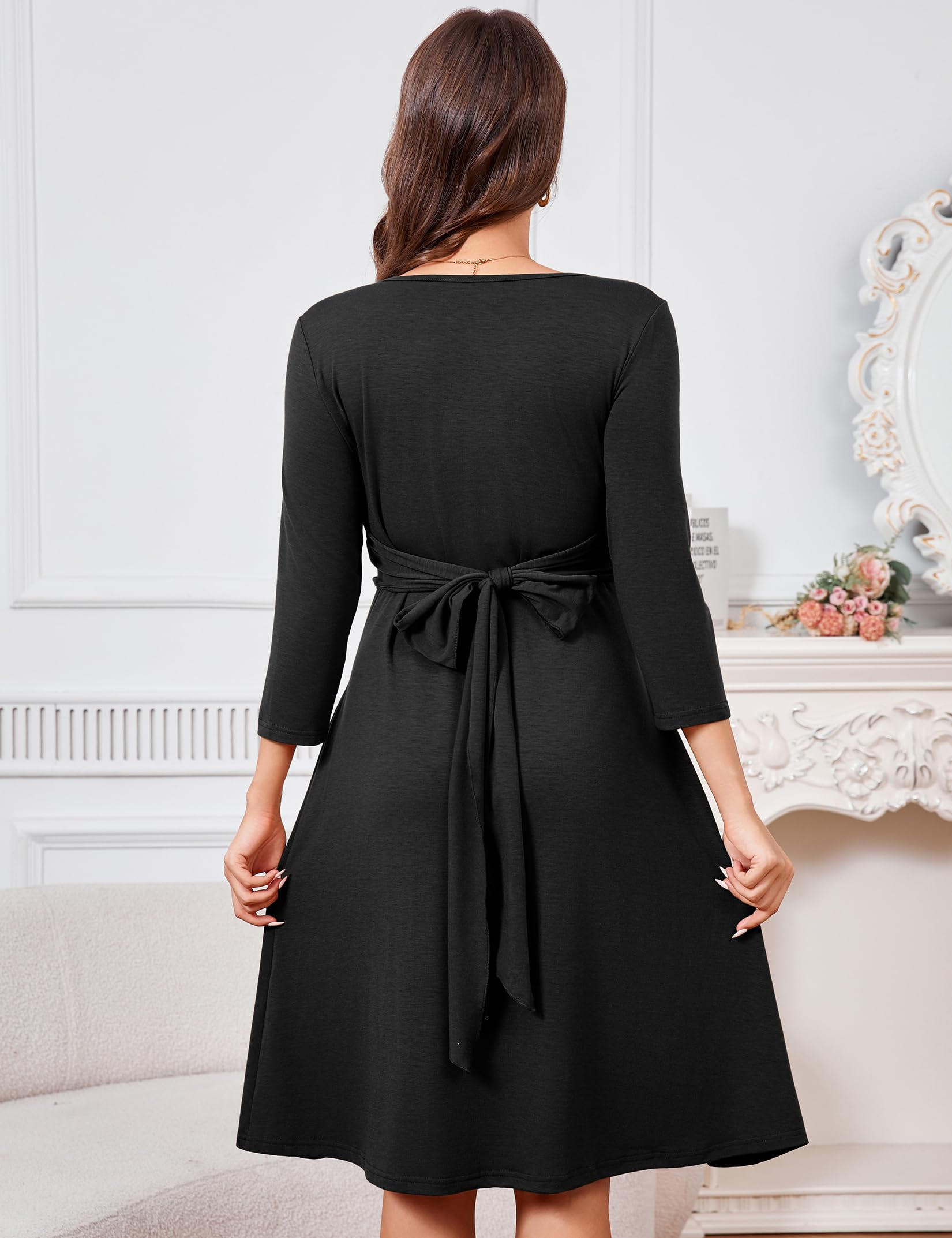 YesFashion Robe de grossesse à manches longues élégante pour femme - Robe d'allaitement légère - Décontractée - Col rond - Bretelles à nouer - Robe d'allaitement avec volants
