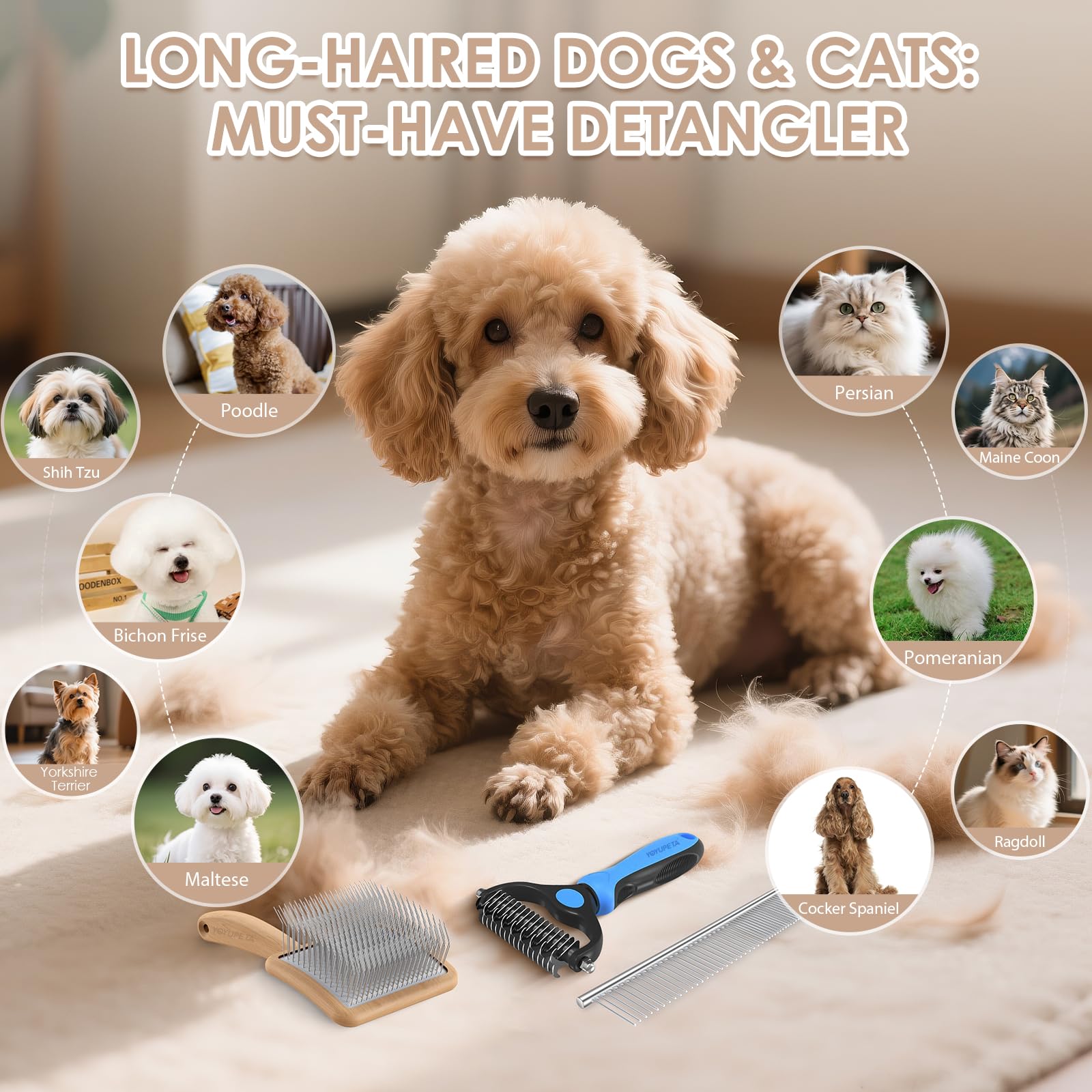YOYUPETA Long Pin Poodle Slicker Brush Set for Goldendoodle & Cockapoo. 25mm Pins Dog Grooming Kit with Undercoat Rake & Comb. Solid Wood Dematting Tool for Removing Mats Tangles - Image 4