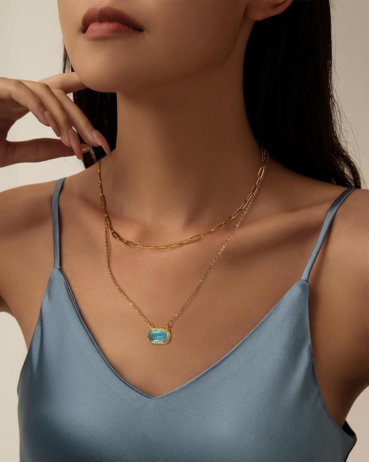 Lourny Gemstone Birthstone Pendant Layered Necklace for Women Trendy, 18K Gold Plated Paperclip Chain Preppy Choker Charm Necklace for Women Wife Jewelry - Image 4