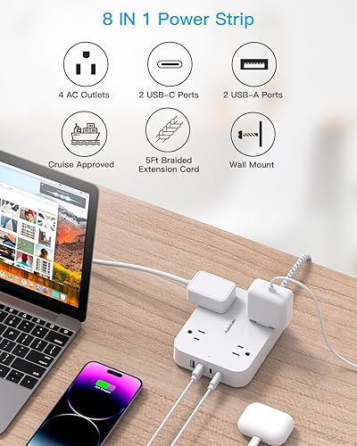 Miniatura 6 de Regleta de alimentación de enchufe plano, cable de extensión ultrafino, 4 tomas de corriente 4 puertos USB (2 USB C)