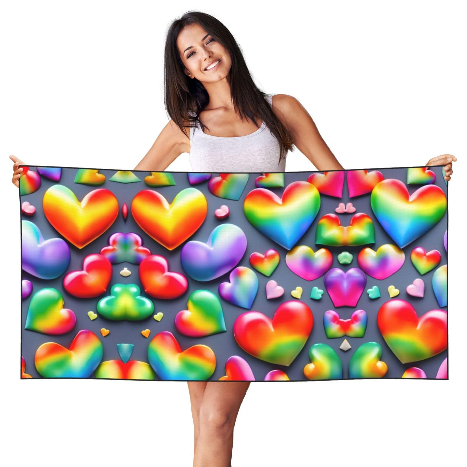Nbtghga Rainbow-Colored Love Hearts Print Peach Skin Velvet Beach Towel, Beach Towel For Beach,Bath,Pool,Gym,Yoga