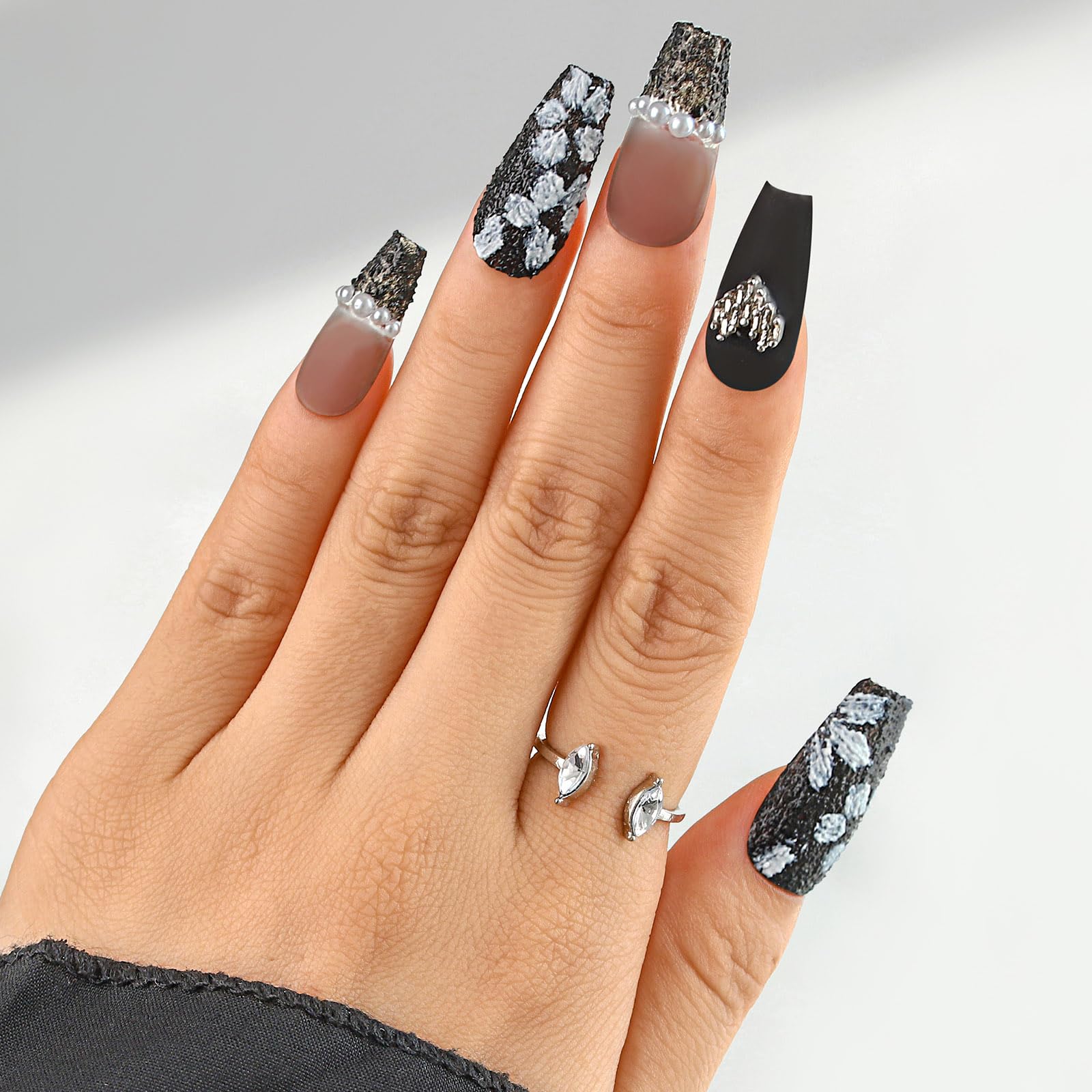 Sethexy Punk Long Coffin False Nails Handmade French Matte Acrylic Press On Nails Hand-painted Black Rose Fake Nails 3D Pearl Bear Salon Quality Nail for Women and Girls(Q) - Image 3