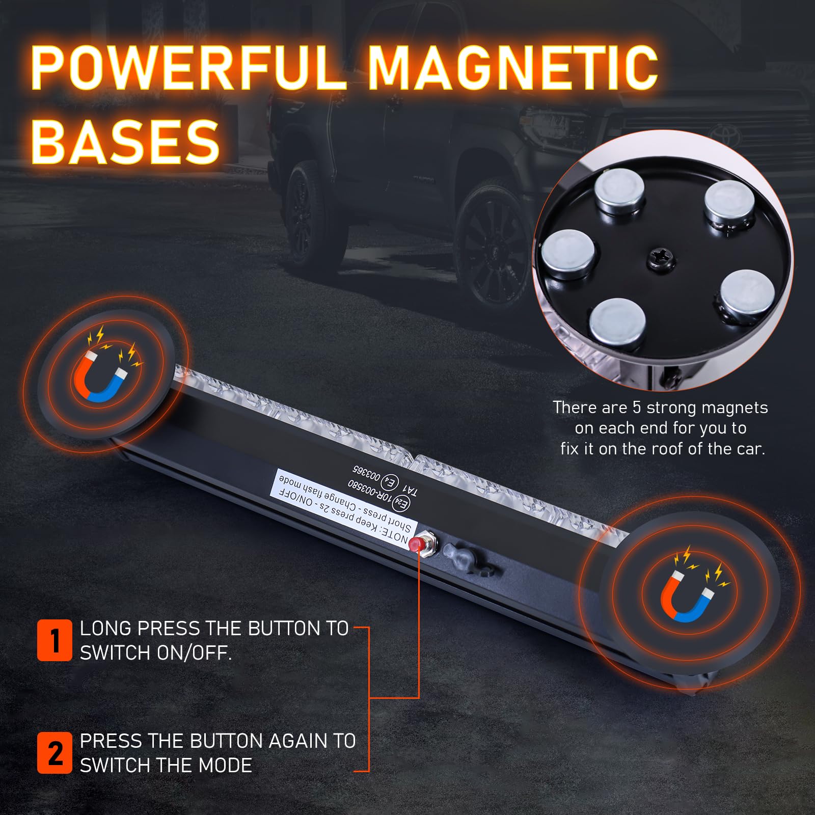 Dinfu 12 Zoll Blinken LED Warnleuchte Akku Gelbe Lichtleiste, 12v frontblitzer orange led blitzer mit 14 Blinkende Stroboskop-Modi für Auto Pkw Truck Traktor KFZ LKW (mit Zigarettenanzünder)
