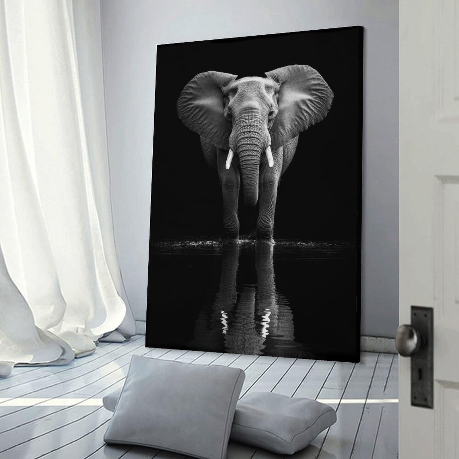 Junmoney Frame-Style-2 Canvas Wall Decor Elephant In Water Black And White Photo, 20X30inch(50X75cm), For Home Lounge, Bedroom Or Reading Nook, Eye Catching Artwork For Blank Walls