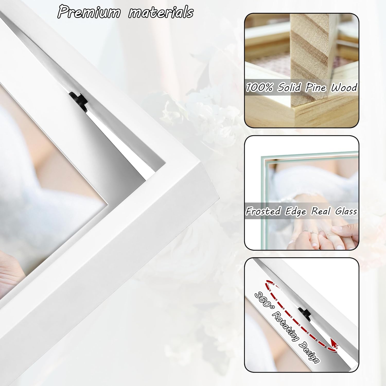 5x7 Rotating Picture Frame 2 Pack, Two-sided Viewing Display Photo Pine Wooden Real Glass, Vertical or Horizontal Free-Standing Desk Tabletop Frame, White