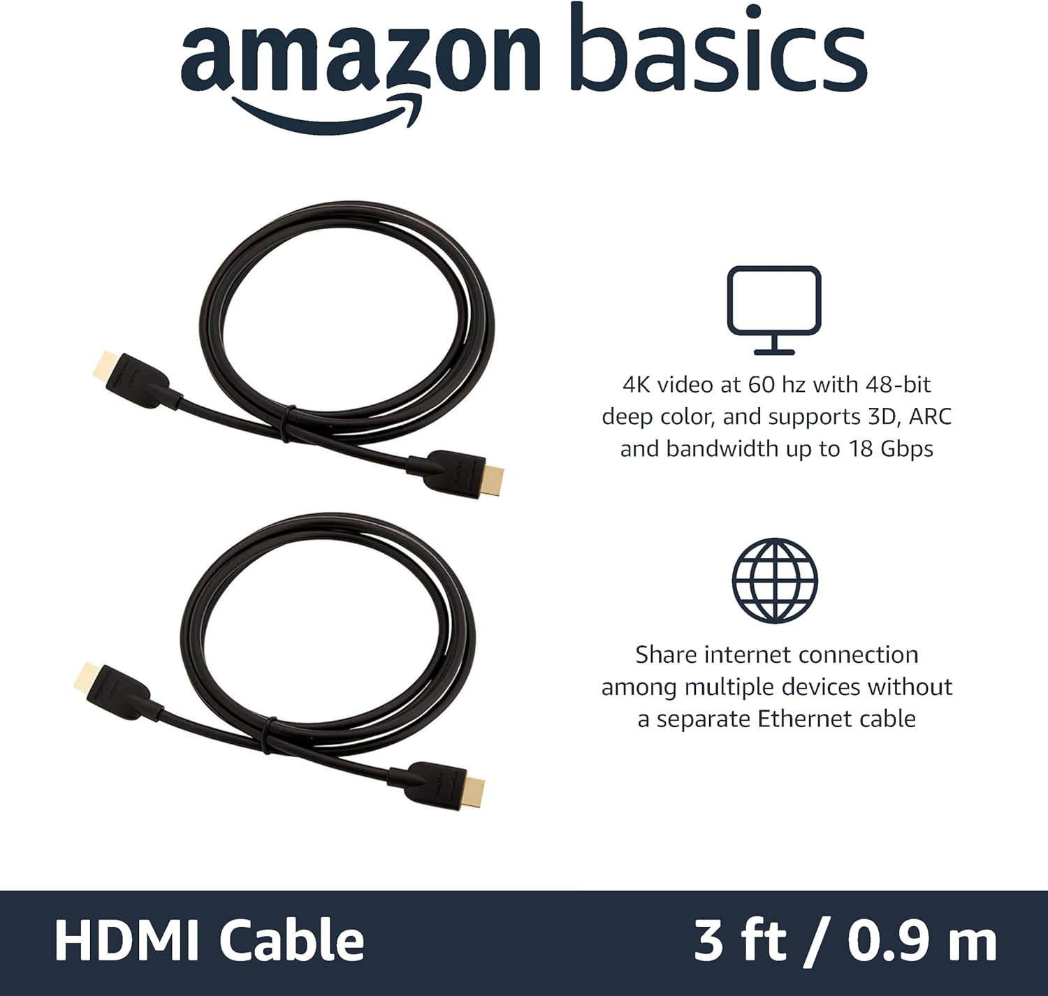 Amazon Basics 4K HDMI Cable 3m - 18Gbps High Speed with Ethernet, 4K@60Hz, 2160p, Black