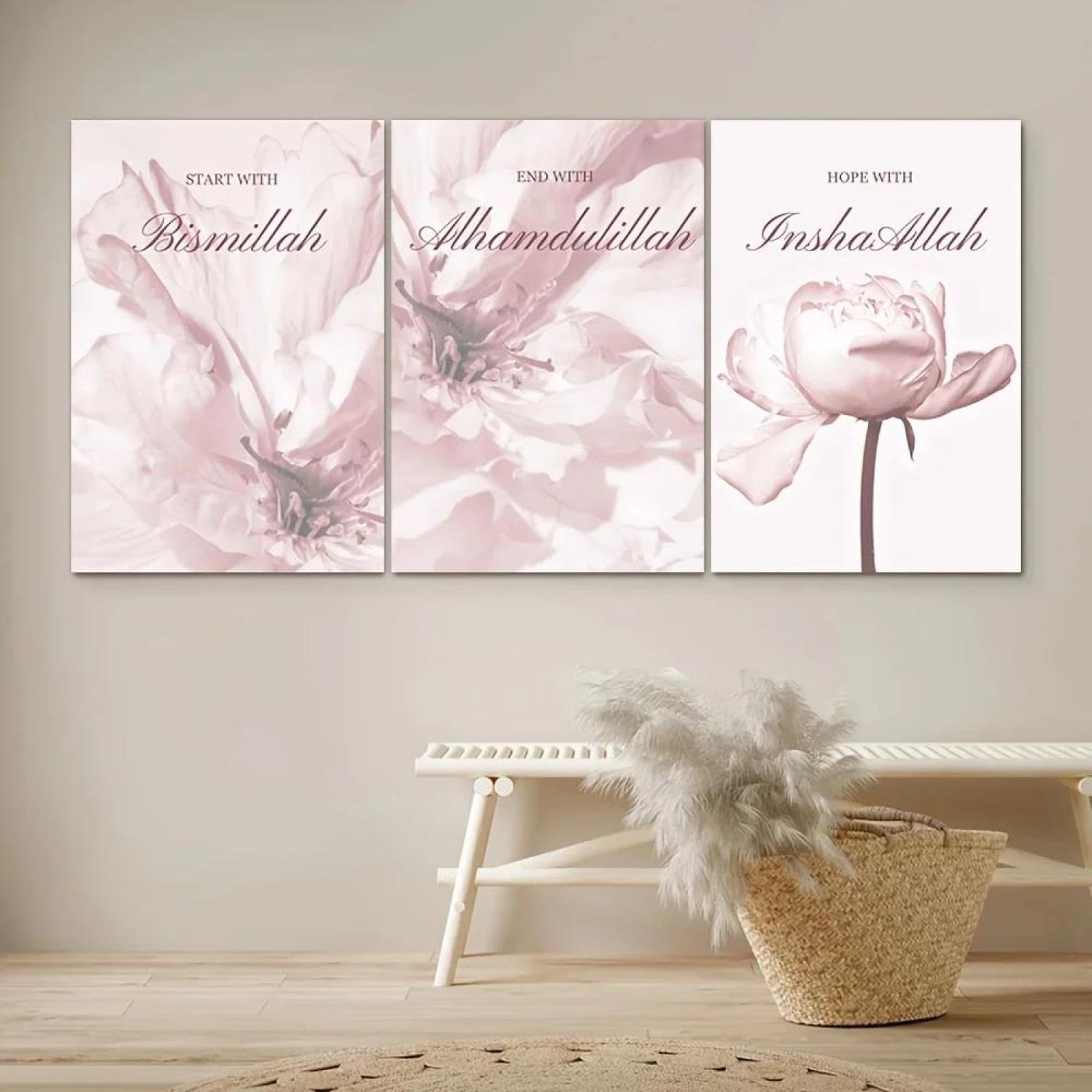 Baibexing Pink Floral Islamic Calligraphy Ramadan Canvas Painting Poser And Prints Wall Art Picture For Living Room Home Decor 21X30Cmx3Pcs Unframed