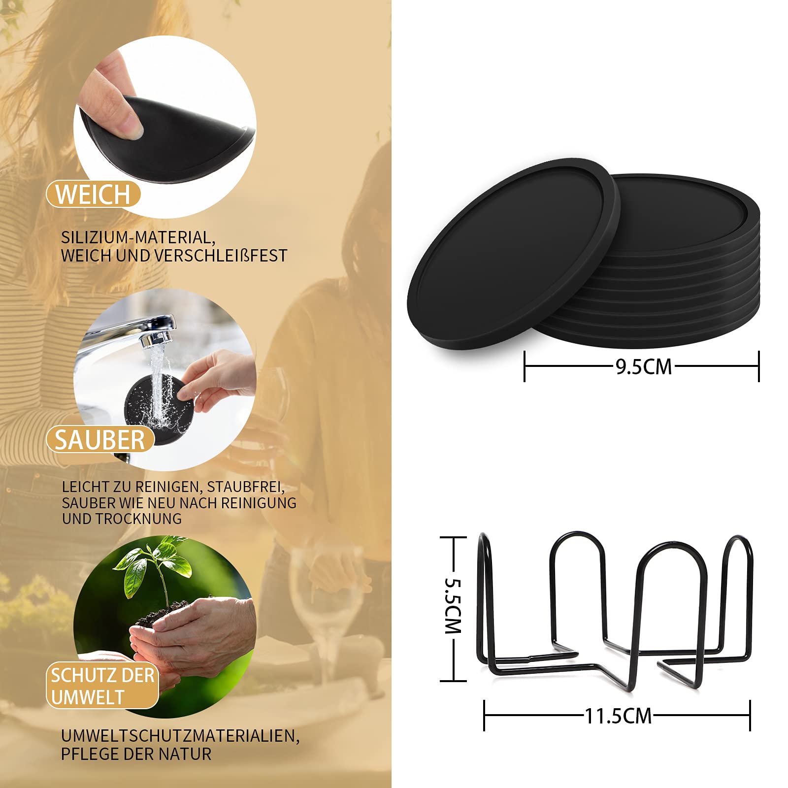 Ateweita Silikon Untersetzer Set - 6 Stück Rutschfeste Glasuntersetzer Mit Halter Für Tische