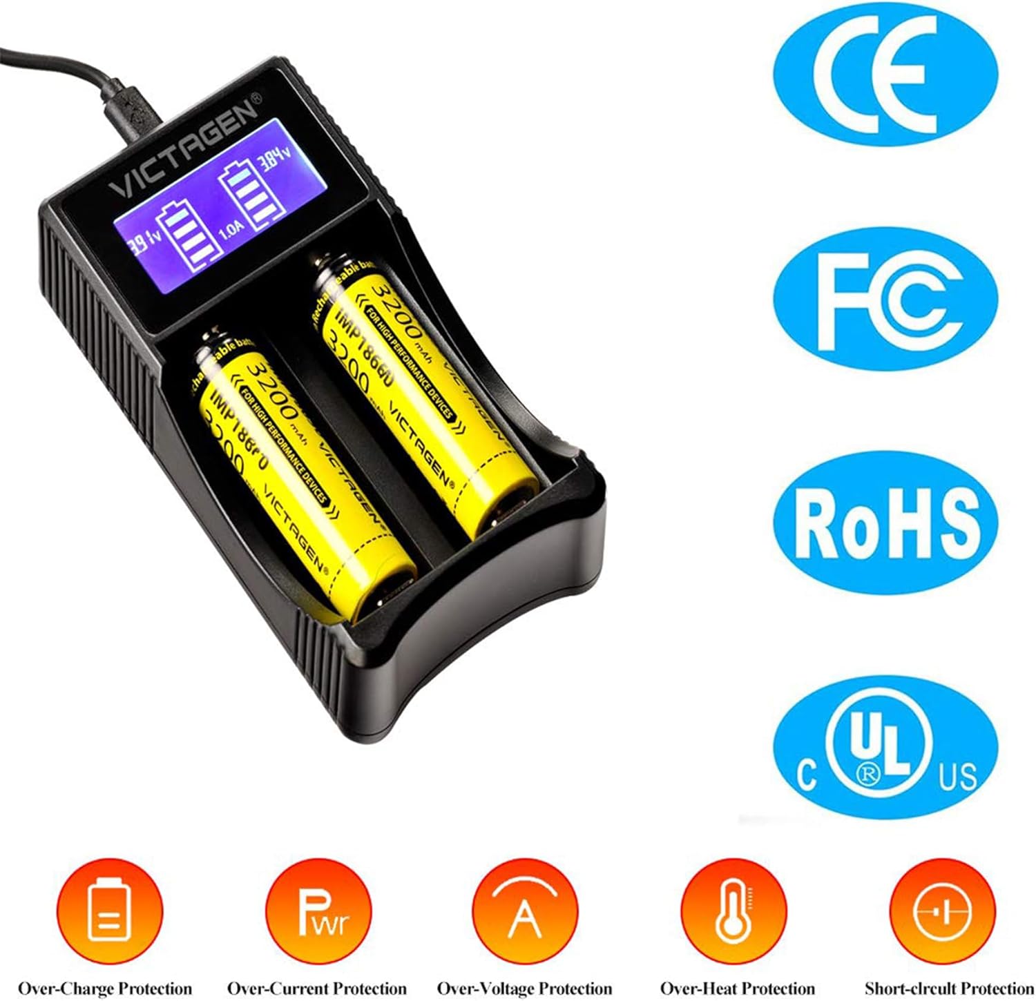 victagen ultimate battery charger set- speedy charging for rechargeable batteries 3.7v lithium-ion 18650 18490 18350 17670 17500 16340(rcr123) 14500, 1.2v ni-mh&ni-cd, aa, aaa 2 slot