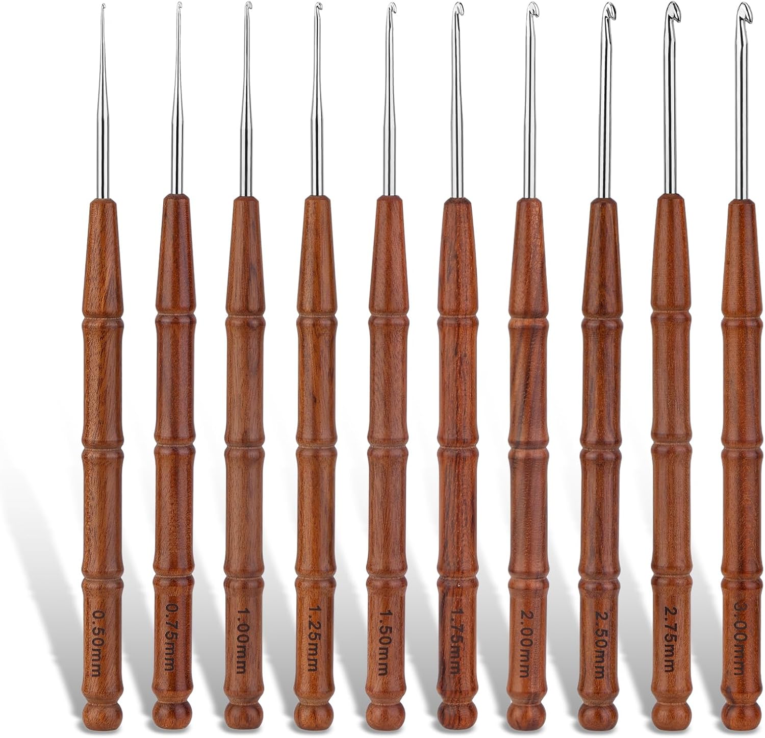 Wuadua 0.5-3mm Crochet Hook Set, 10Pcs Ergonomic Crochet Hooks with Wooden Handle for Arthritic, Ideal for Lace Thread and Fine Cotton Yarn, Perfect for Crocheting Coasters, Tablecloths, Placemats