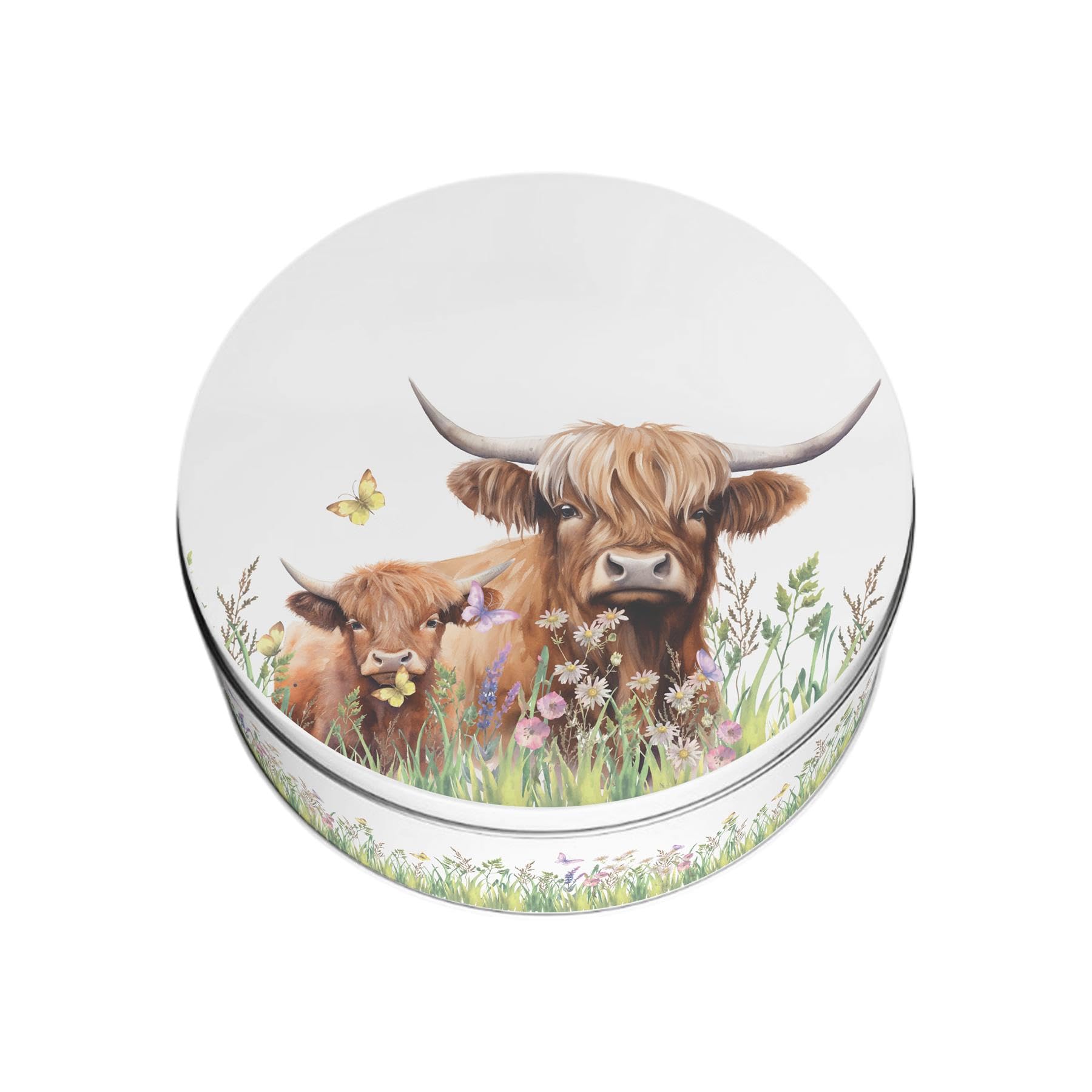 Purely Home Highland Cow & Calf Small Cake Tin - Countryside Farm Homeware Gifts Round Metal Storage Container for Baking 18 x 7cm