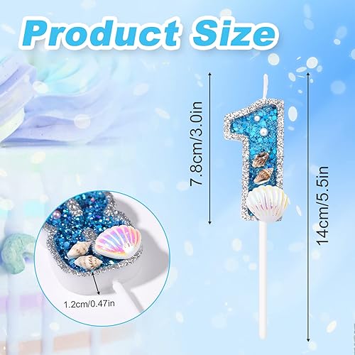 Vista 2 de Velas de números de cumpleaños de 3 x 2 pulgadas, velas de números azules con purpurina, velas de cumpleaños con conchas, conchas y lentejuelas