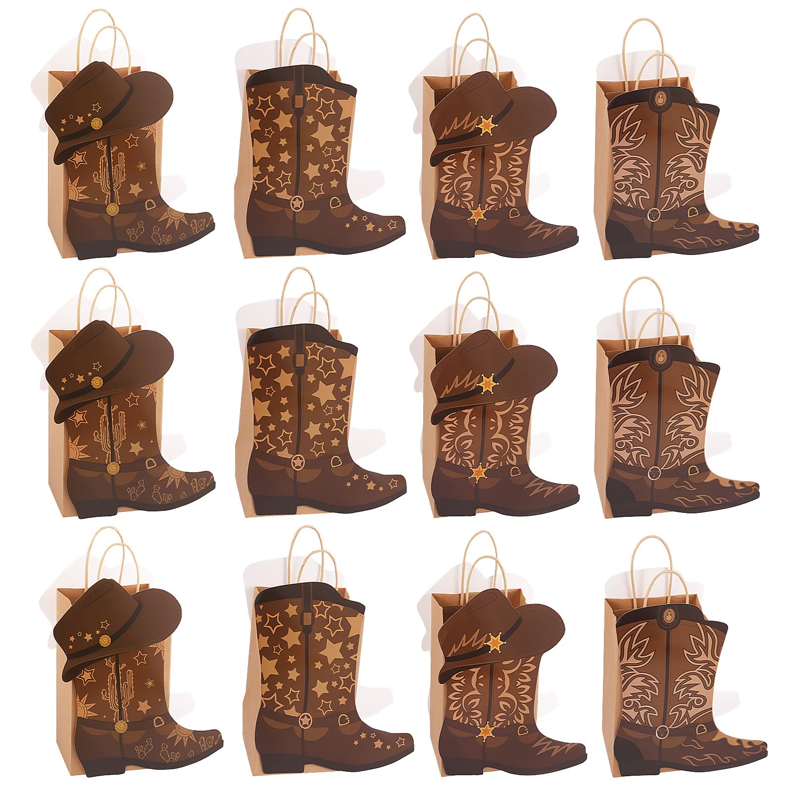 12Pcs Western Cowboy Cowgirl Boots Gifts Paper Bags with Waterproof Film DIY Hat Pattern Gifts Bags Western Party Favor Bag for Cowboy Birthday Bachelorette Baby Shower Party Supplies