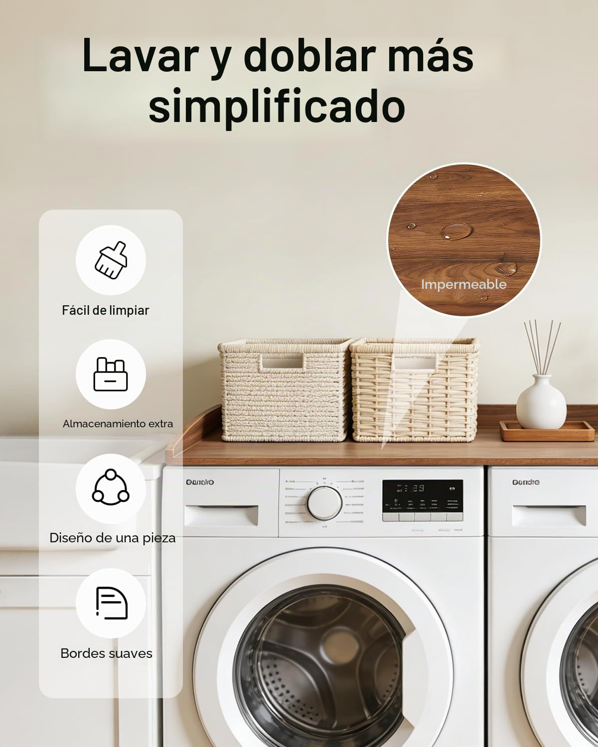 Mueble para lavadora y secadora, soporte de madera para lavadora, estante para lavadora con barra de seguridad, cubierta de madera para lavadora, organización de cubierta para lavadora