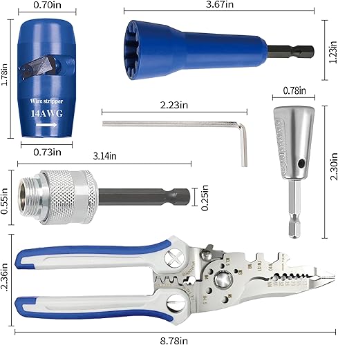 Miniatura 5 de Pelacables para taladro (14-12-10-8-6 AWG), herramienta eléctrica universal para taladro, 8 en 1 electricista profesional, tuerca de alambre