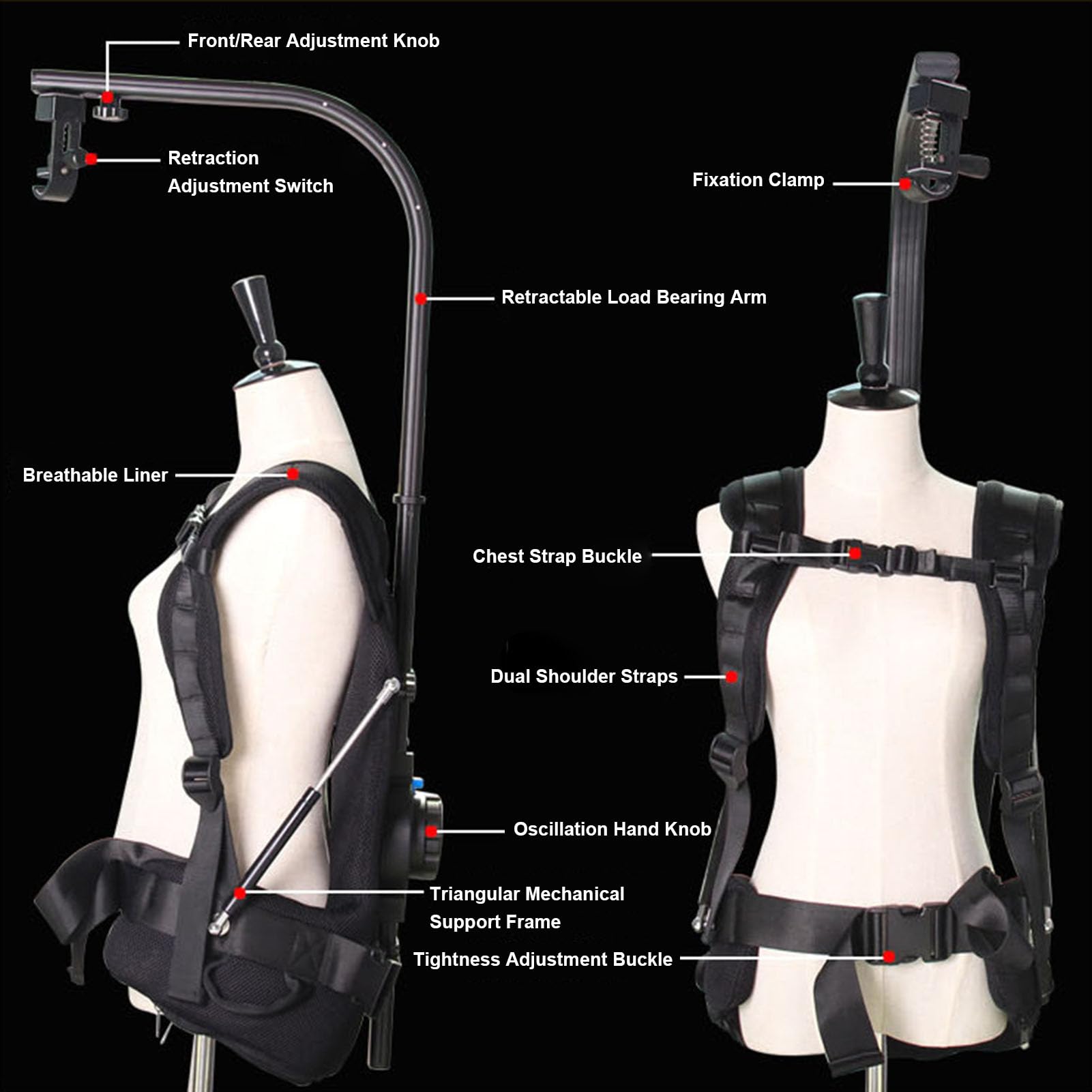Cocoarm Kamizelka Wspierająca kamerę, Stabilizator Kamery z kamizelką, Kamizelka z Hakiem na kamerę do Stabilizatora 3-osiowego o Udźwigu do 18 Kg, z Regulowanymi Paskami dla